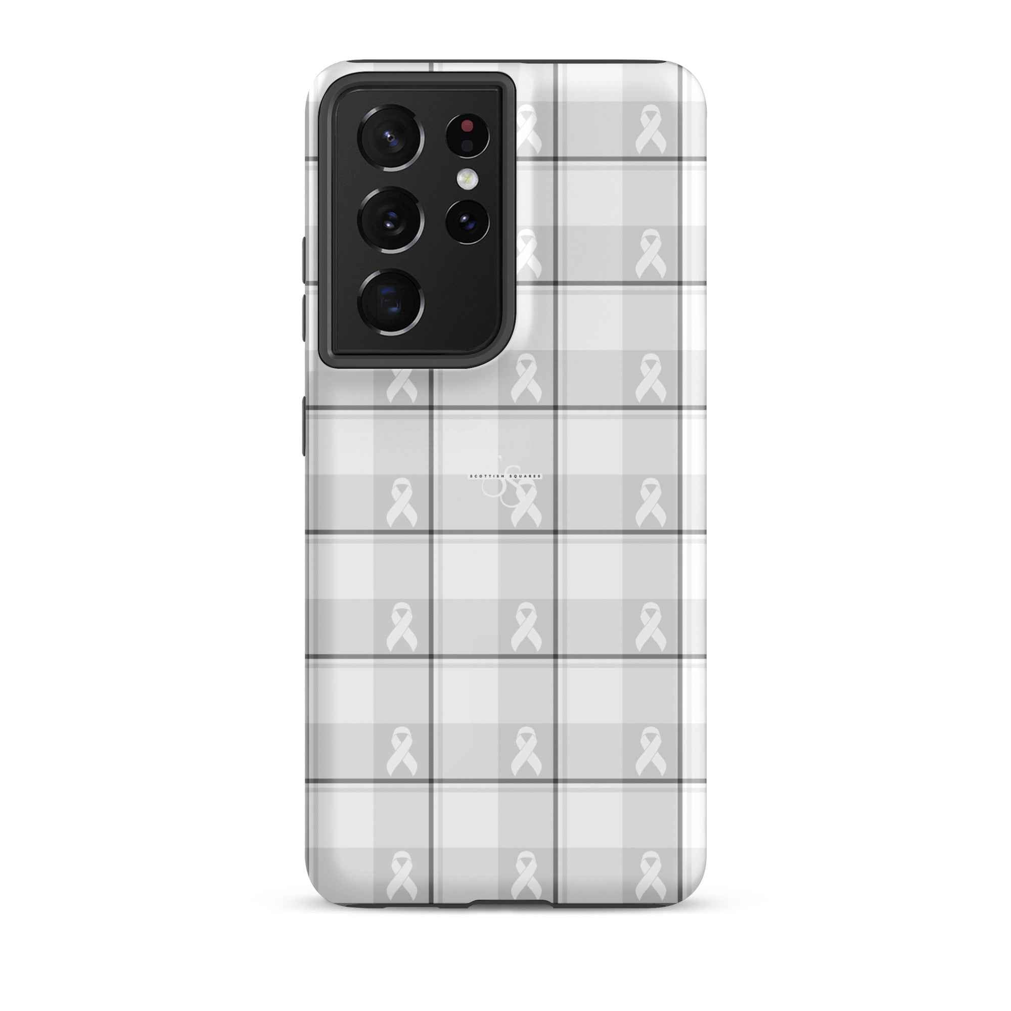 Tough Case for Samsung Lung Cancer Awareness Plaid, White Ribbon, Supportive Gift Samsung Galaxy S21 Ultra - Scottish Squares