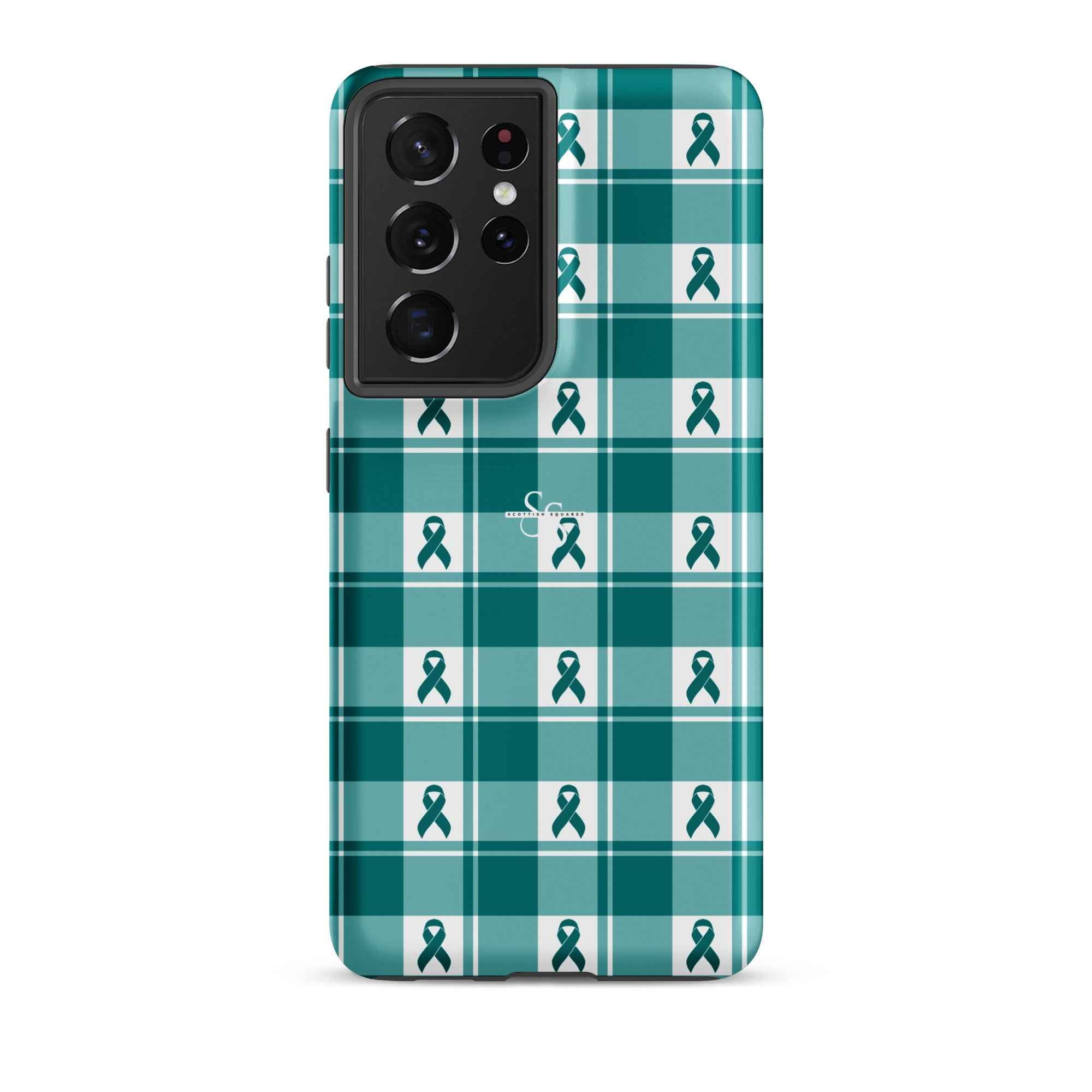 Tough Case for Samsung Cervical Cancer Awareness Plaid, Teal Ribbon, Supportive Gift Samsung Galaxy S21 Ultra - Scottish Squares