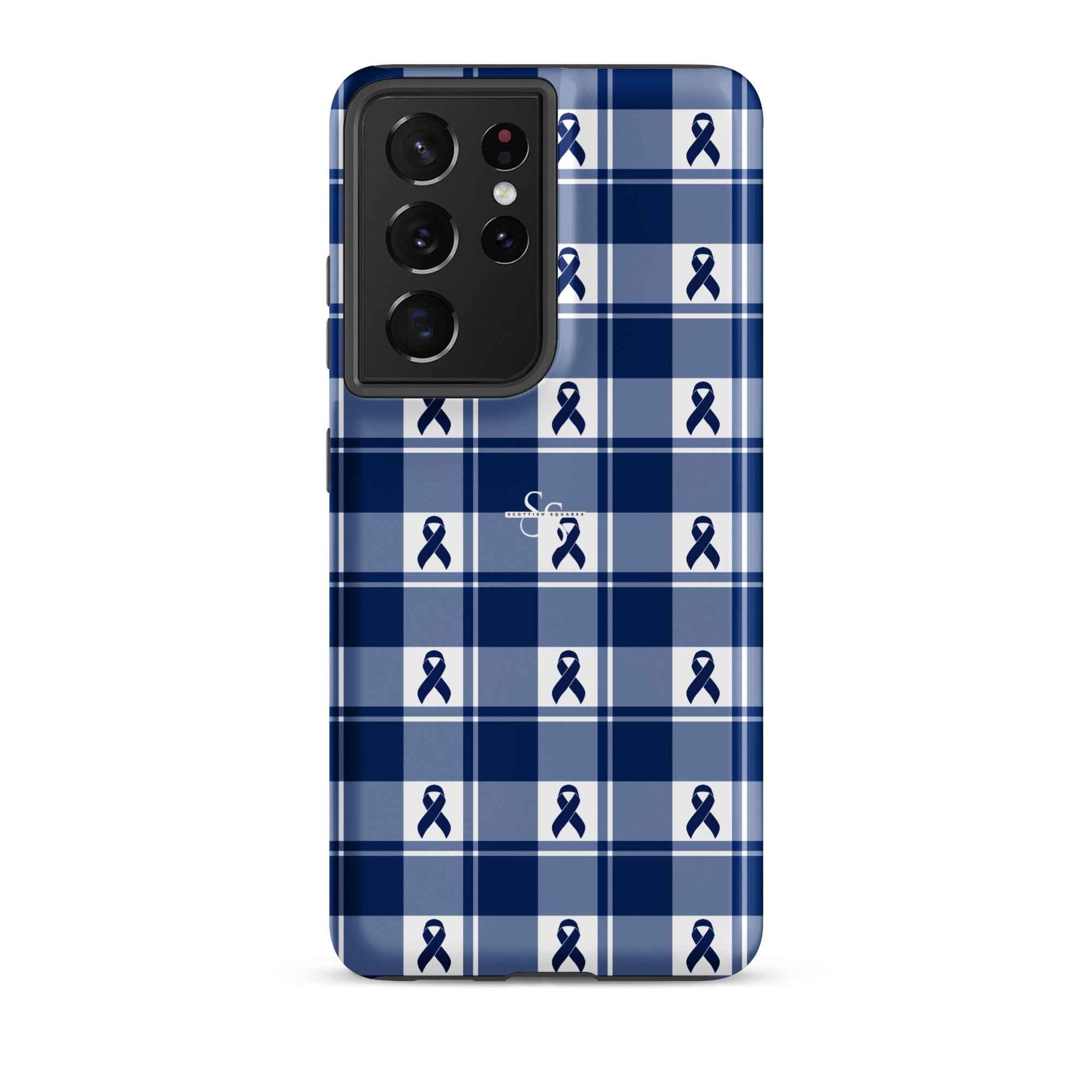 Tough Case for Samsung Colorectal Cancer Awareness Plaid, Dark Blue Ribbon, Supportive Gift Samsung Galaxy S21 Ultra - Scottish Squares