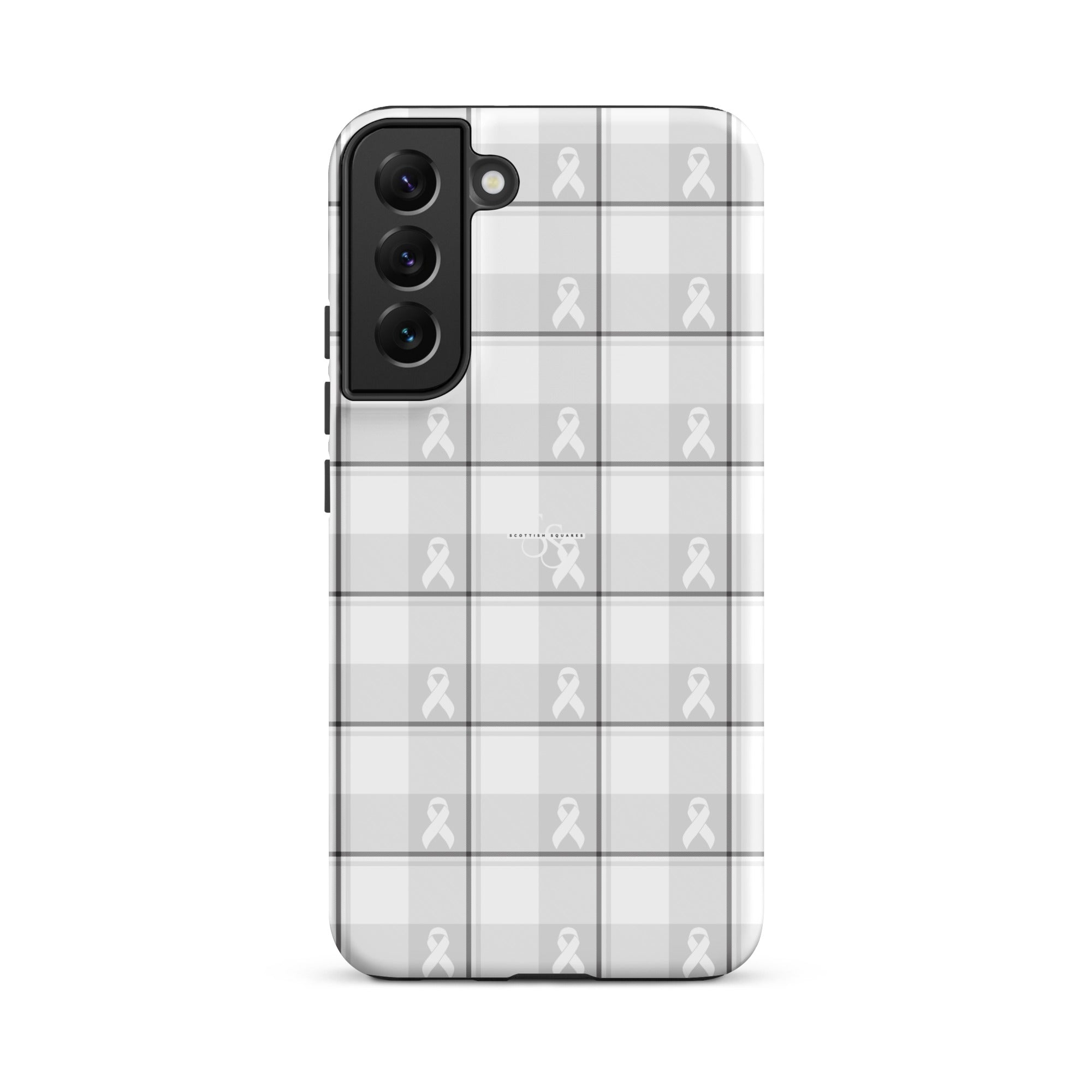 Tough Case for Samsung Lung Cancer Awareness Plaid, White Ribbon, Supportive Gift Samsung Galaxy S22 Plus - Scottish Squares
