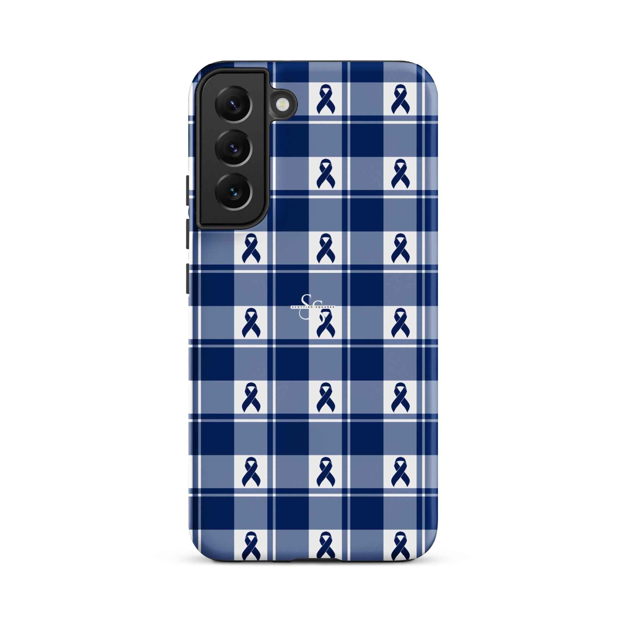 Tough Case for Samsung Colorectal Cancer Awareness Plaid, Dark Blue Ribbon, Supportive Gift Samsung Galaxy S22 Plus - Scottish Squares