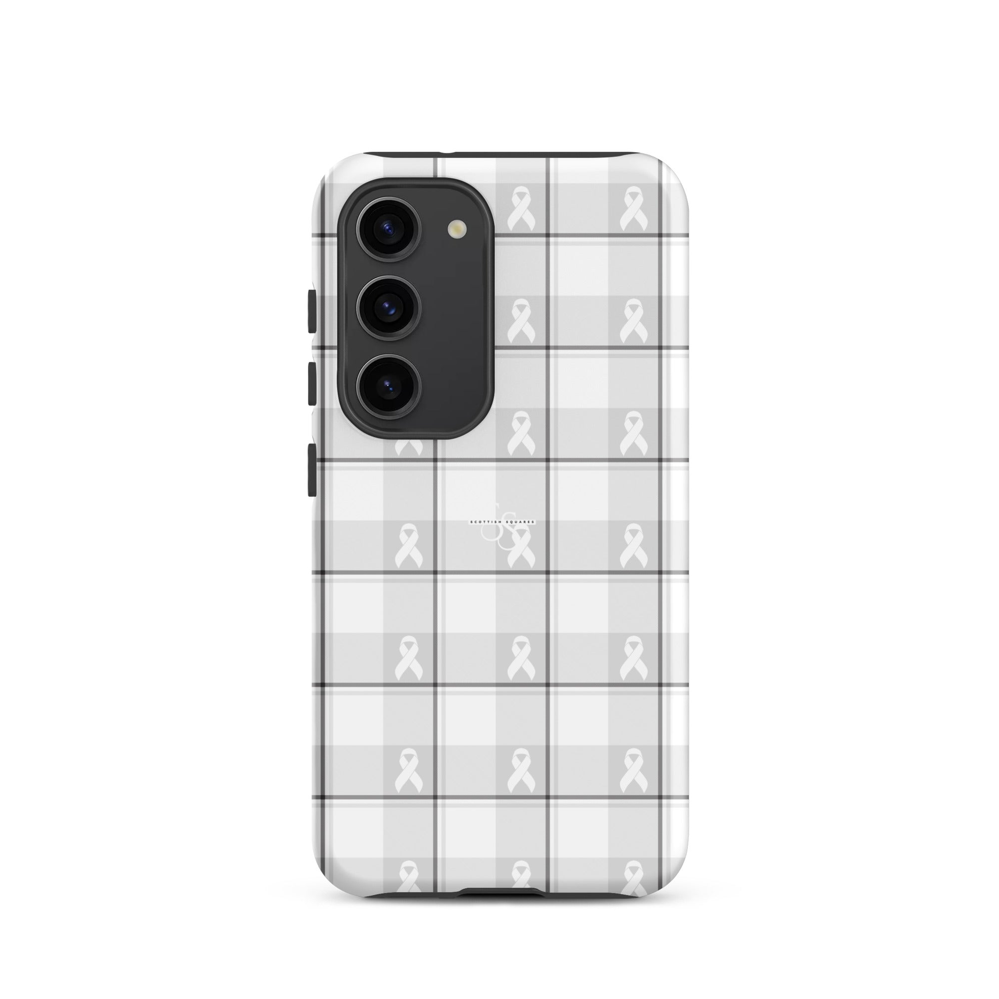 Tough Case for Samsung Lung Cancer Awareness Plaid, White Ribbon, Supportive Gift Samsung Galaxy S23 - Scottish Squares
