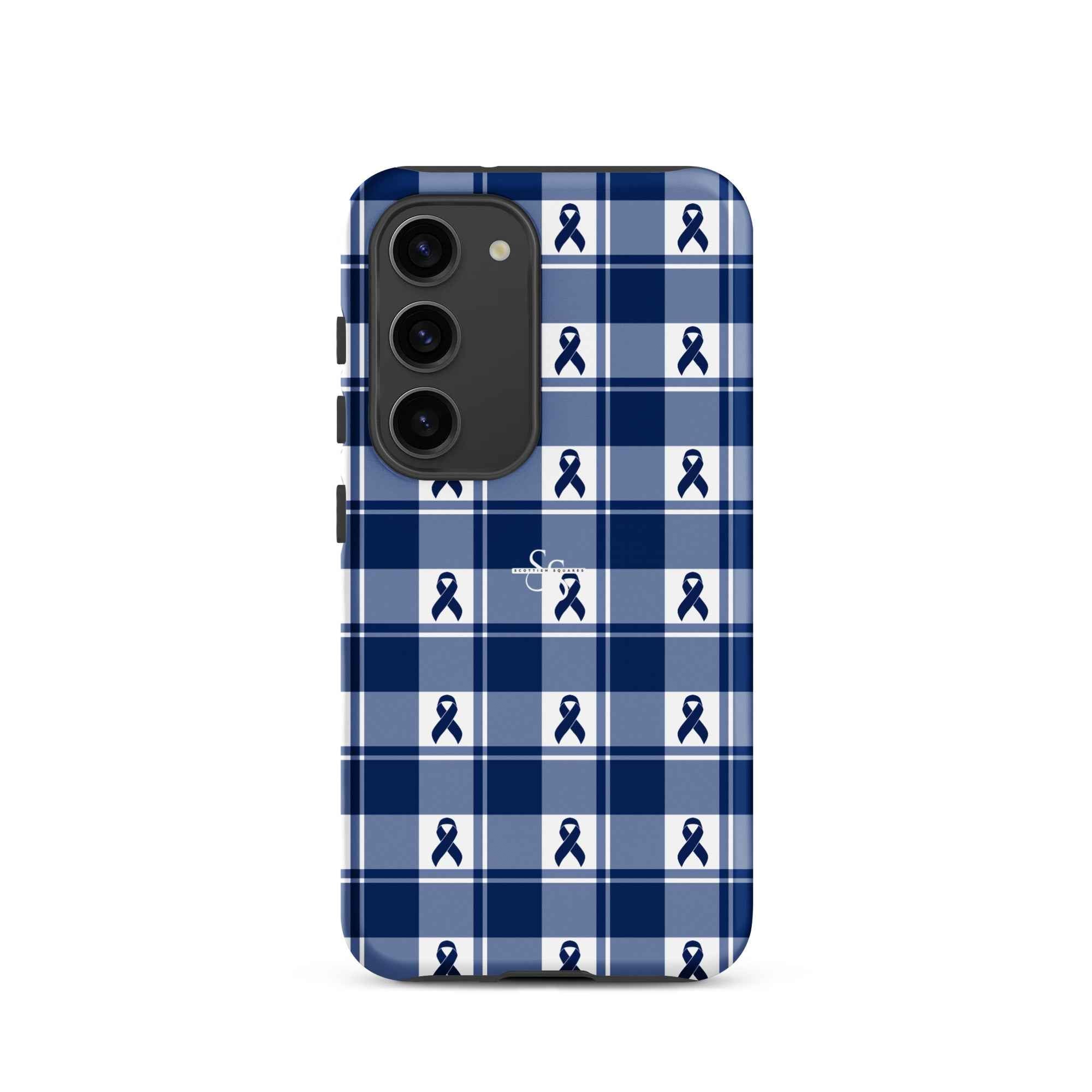 Tough Case for Samsung Colorectal Cancer Awareness Plaid, Dark Blue Ribbon, Supportive Gift Samsung Galaxy S23 - Scottish Squares