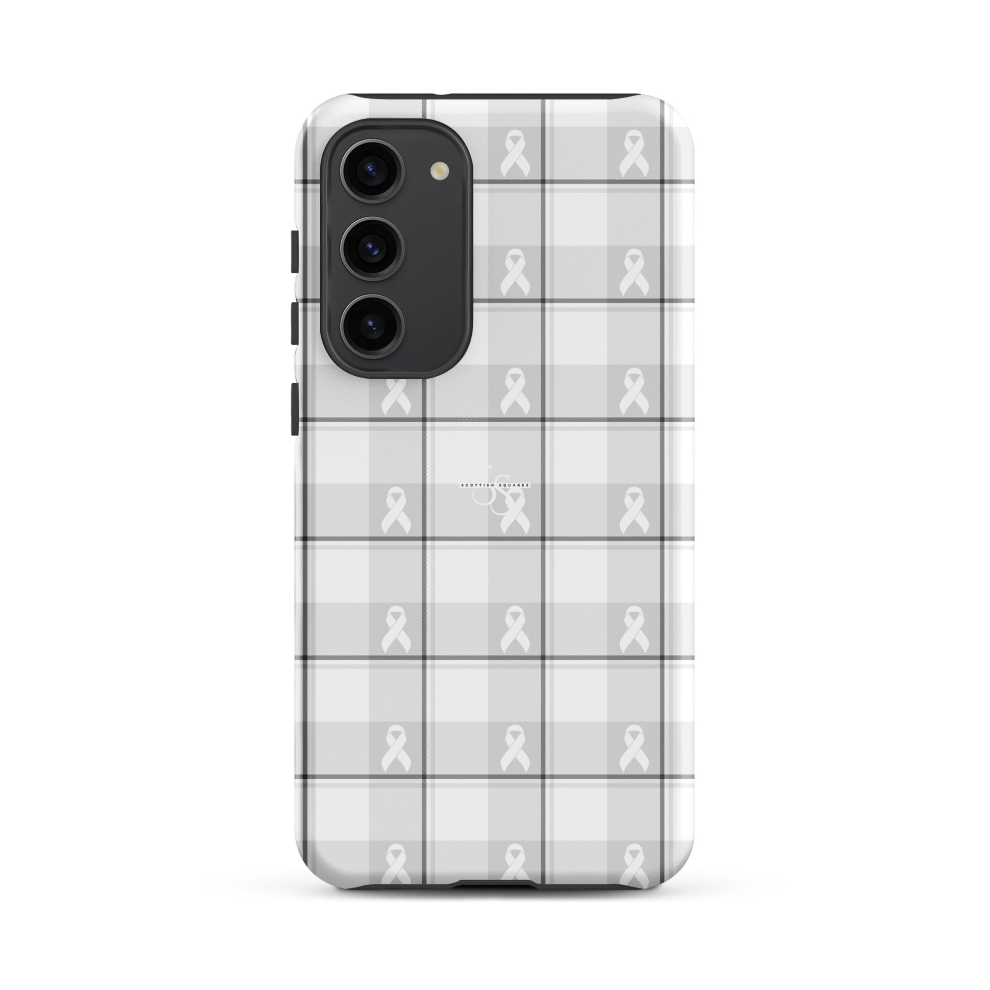 Tough Case for Samsung Lung Cancer Awareness Plaid, White Ribbon, Supportive Gift Samsung Galaxy S23 Plus - Scottish Squares