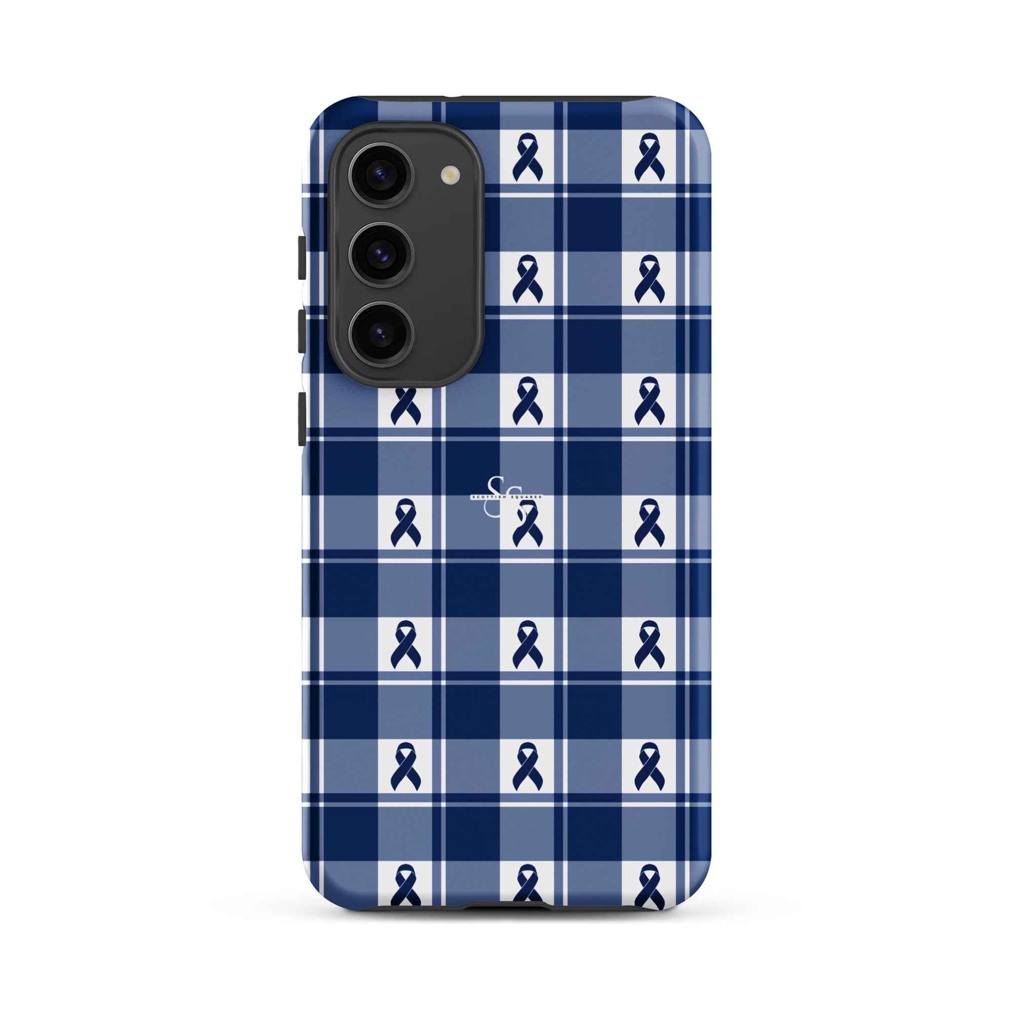 Tough Case for Samsung Colorectal Cancer Awareness Plaid, Dark Blue Ribbon, Supportive Gift Samsung Galaxy S23 Plus - Scottish Squares