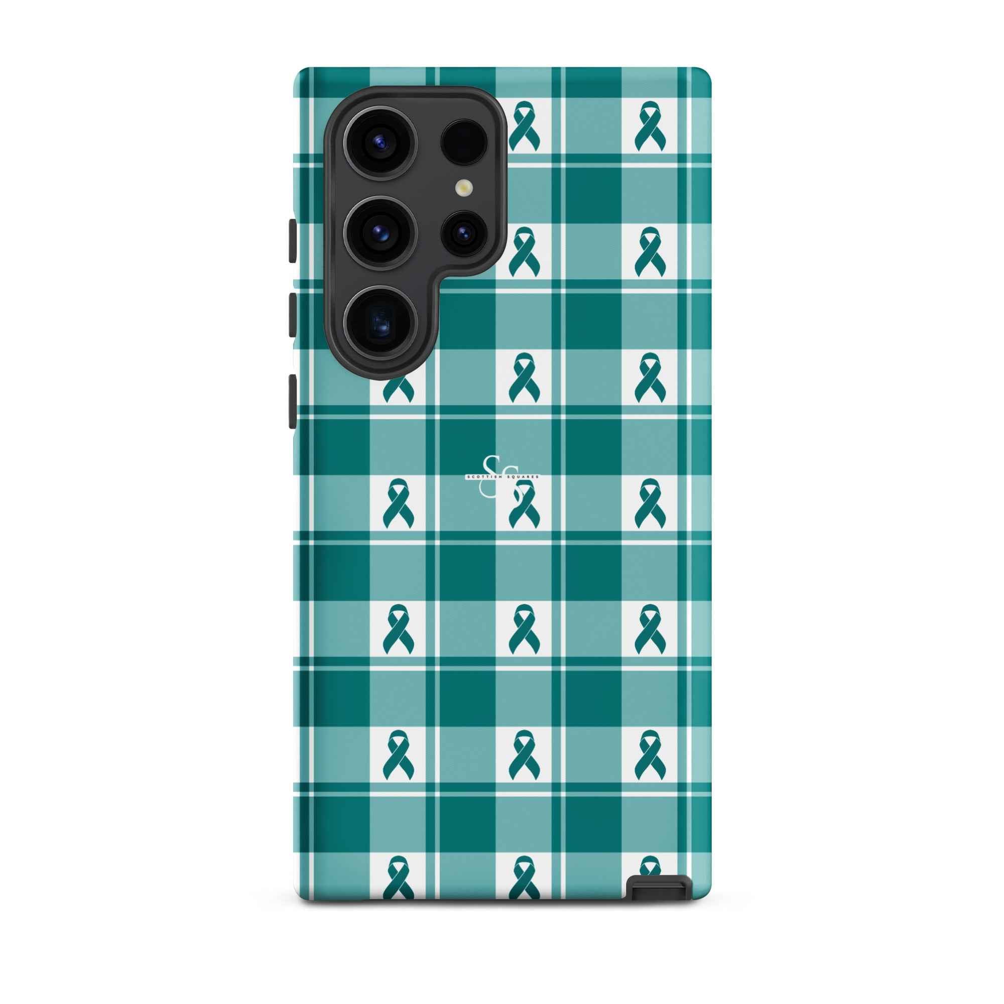 Tough Case for Samsung Cervical Cancer Awareness Plaid, Teal Ribbon, Supportive Gift Samsung Galaxy S23 Ultra - Scottish Squares