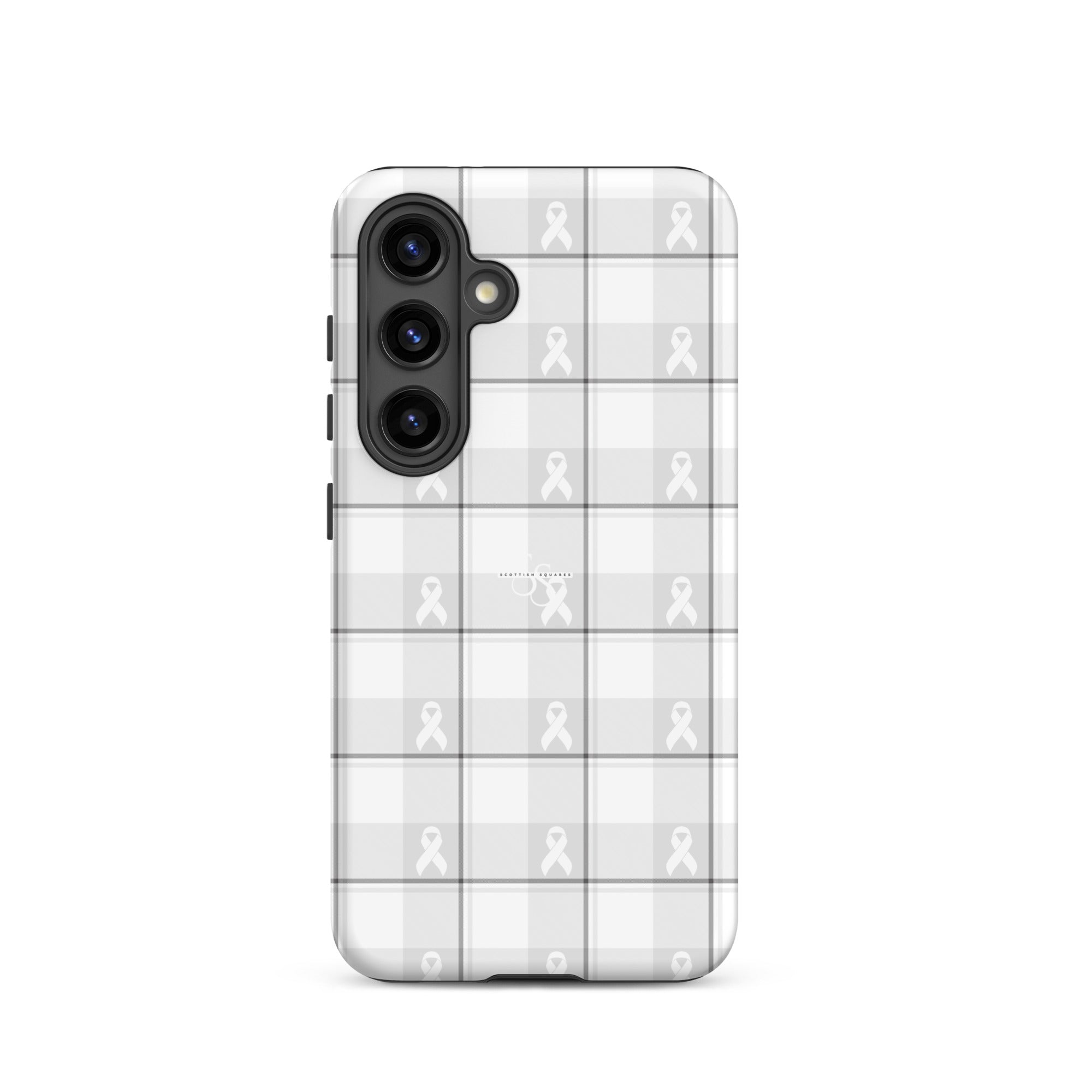Tough Case for Samsung Lung Cancer Awareness Plaid, White Ribbon, Supportive Gift Samsung Galaxy S24 - Scottish Squares