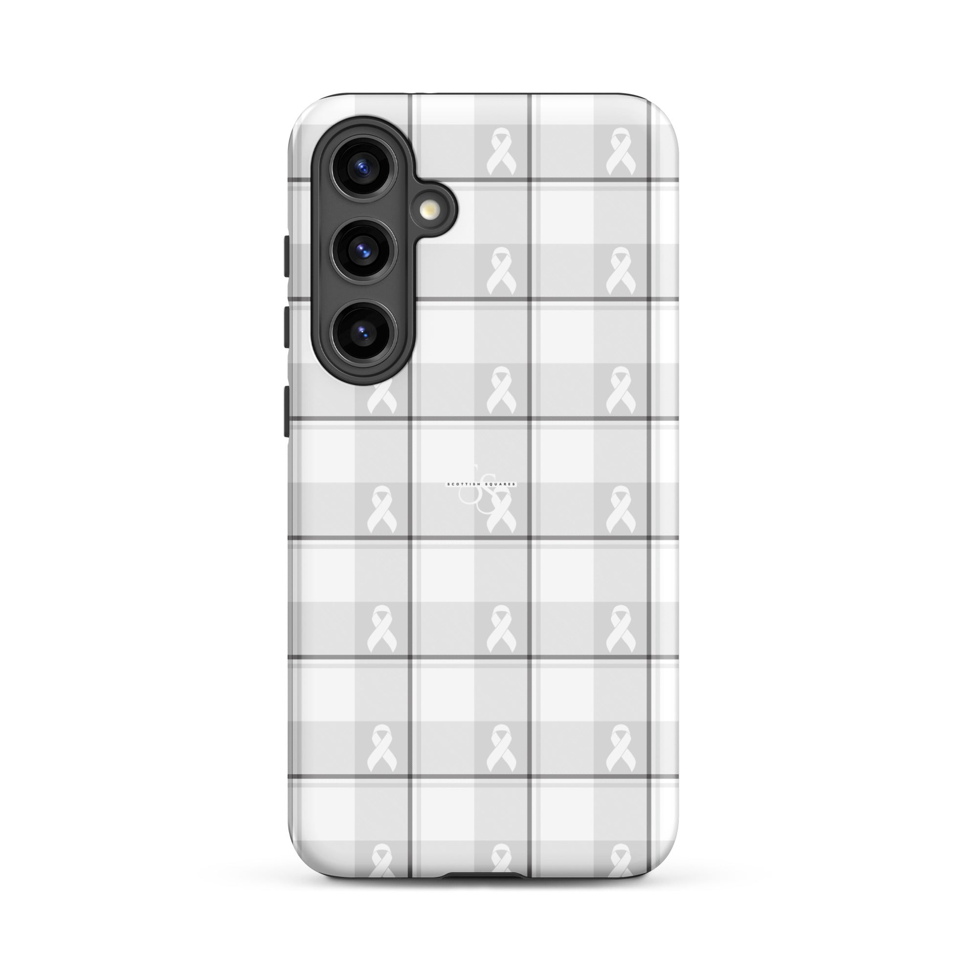 Tough Case for Samsung Lung Cancer Awareness Plaid, White Ribbon, Supportive Gift Samsung Galaxy S24 Plus - Scottish Squares