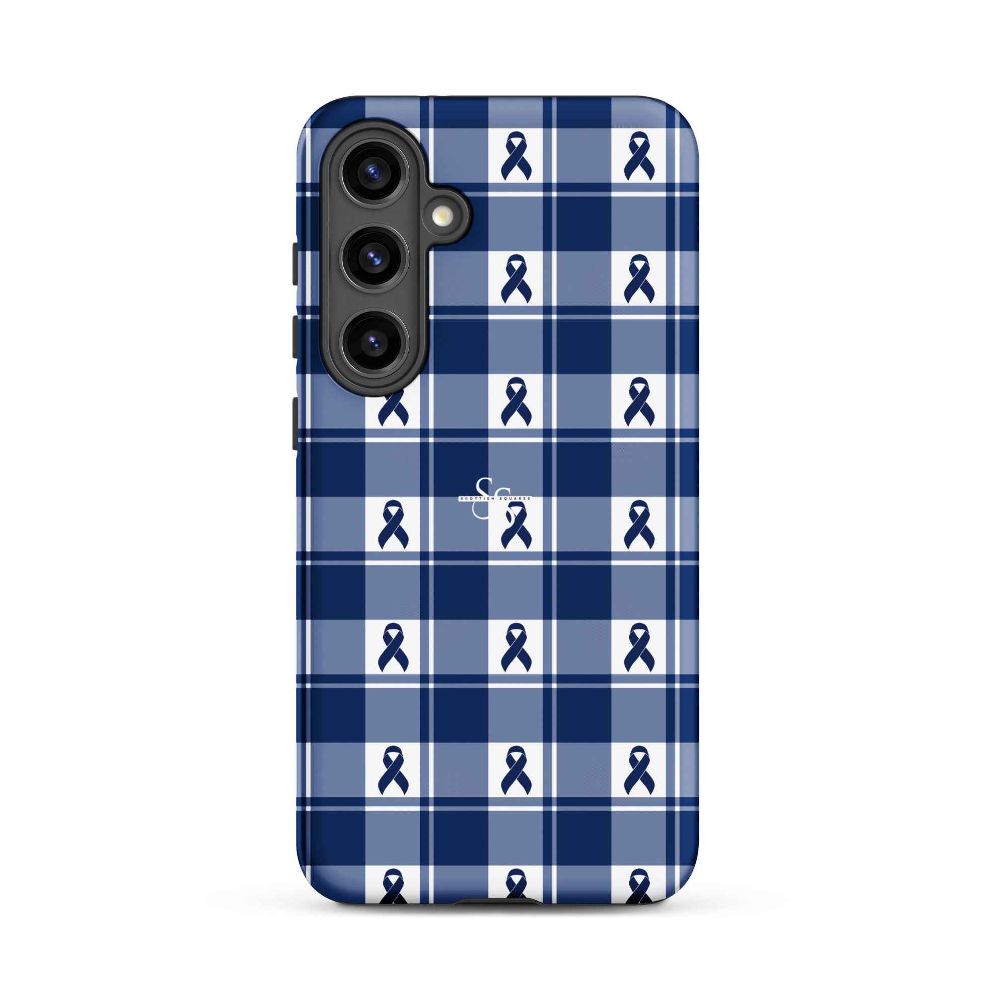 Tough Case for Samsung Colorectal Cancer Awareness Plaid, Dark Blue Ribbon, Supportive Gift Samsung Galaxy S24 Plus - Scottish Squares
