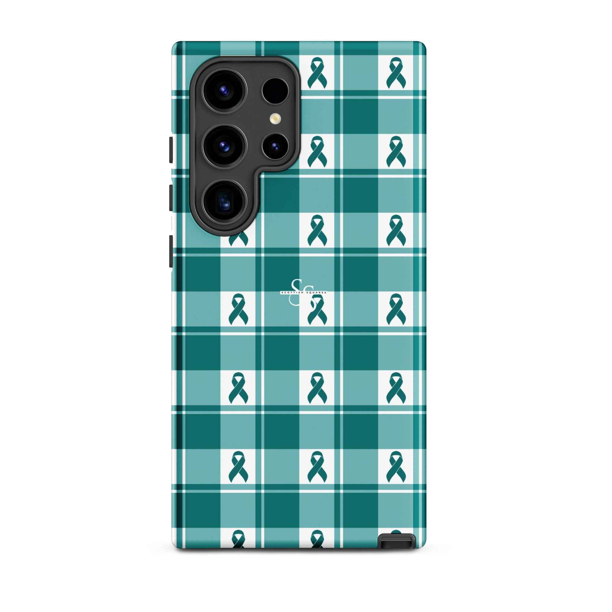 Tough Case for Samsung Cervical Cancer Awareness Plaid, Teal Ribbon, Supportive Gift Samsung Galaxy S24 Ultra - Scottish Squares