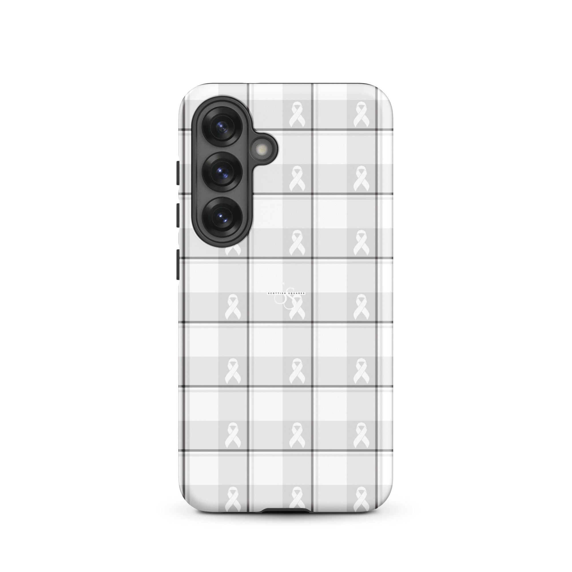 Tough Case for Samsung Lung Cancer Awareness Plaid, White Ribbon, Supportive Gift Samsung Galaxy S25 - Scottish Squares
