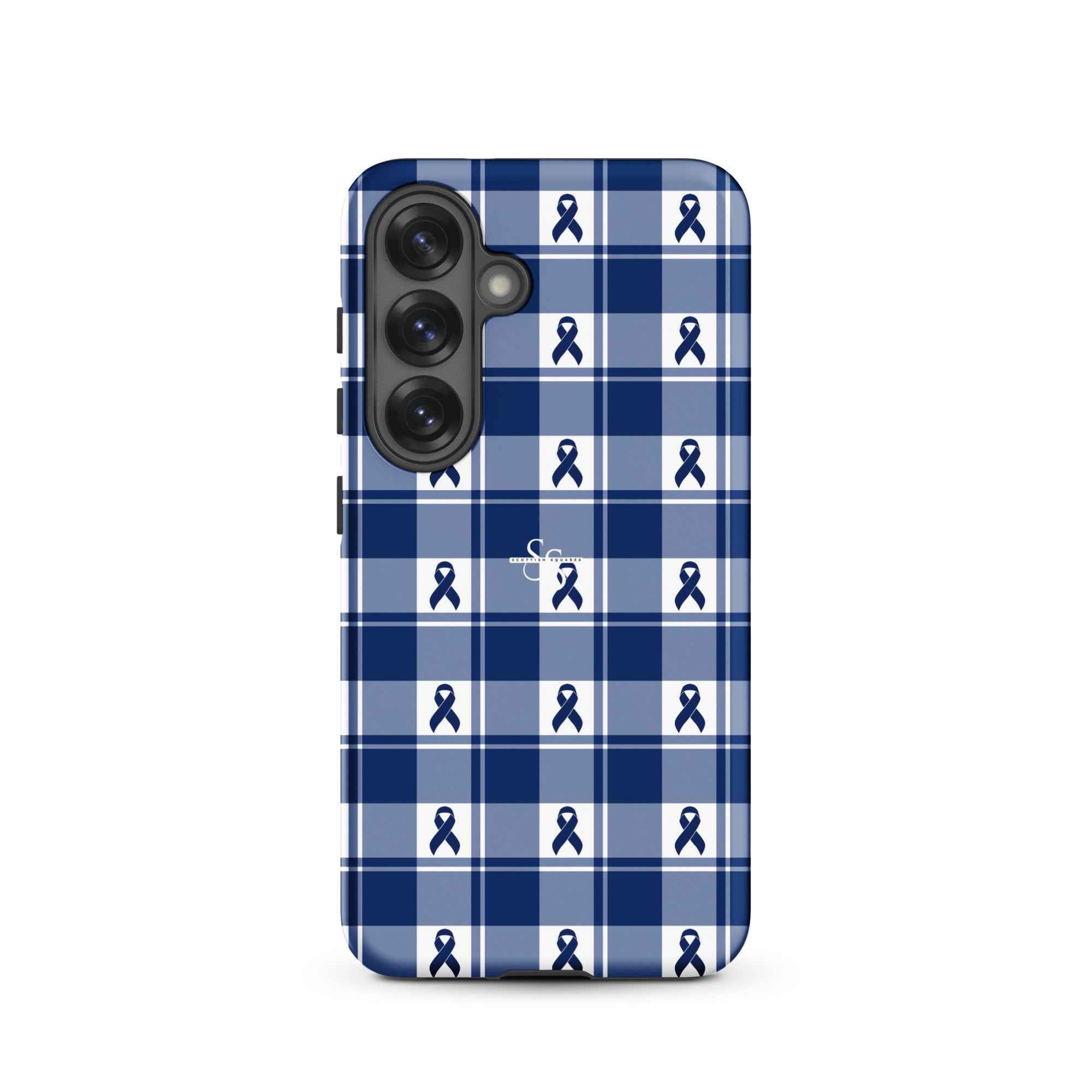 Tough Case for Samsung Colorectal Cancer Awareness Plaid, Dark Blue Ribbon, Supportive Gift Samsung Galaxy S25 - Scottish Squares