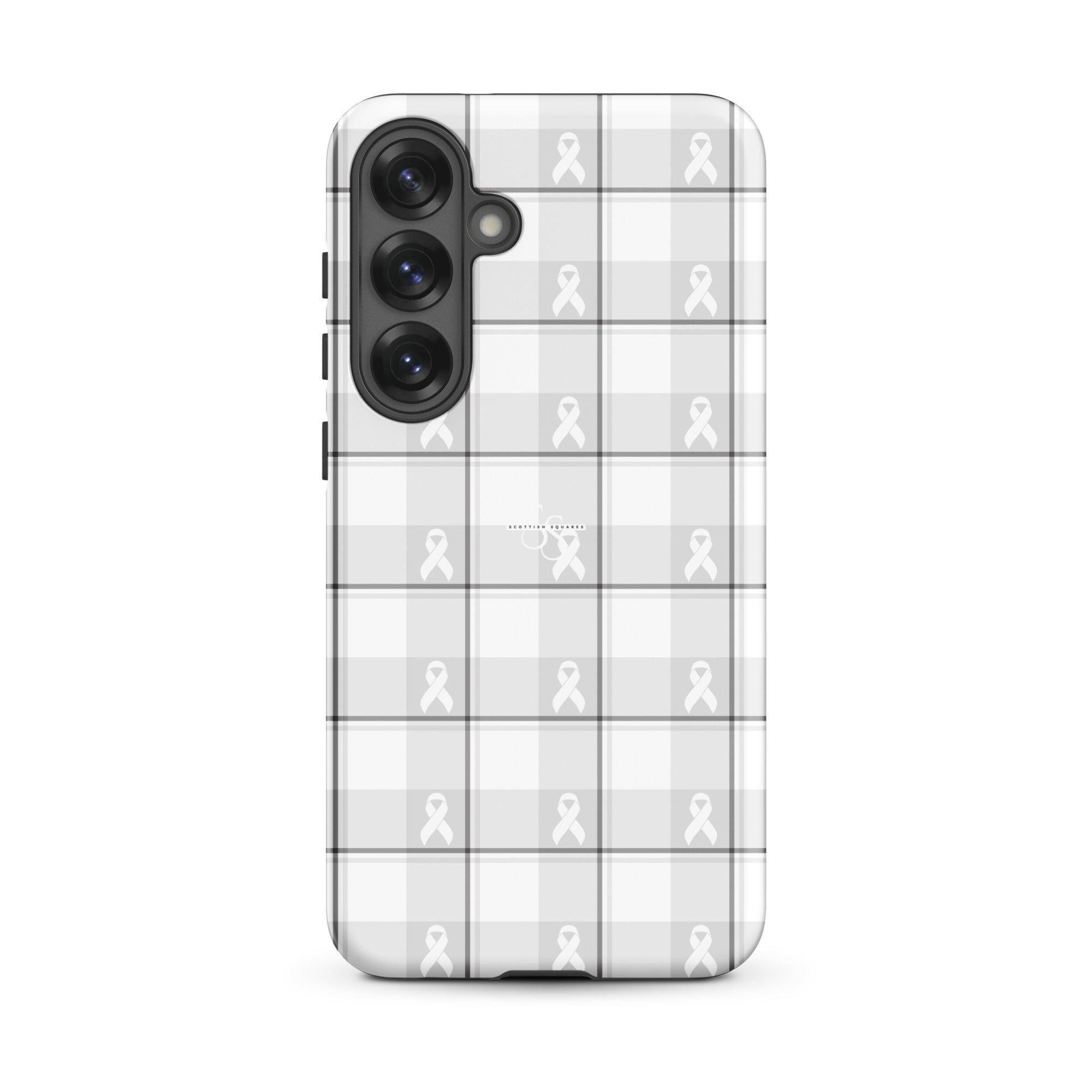 Tough Case for Samsung Lung Cancer Awareness Plaid, White Ribbon, Supportive Gift Samsung Galaxy S25 Plus - Scottish Squares