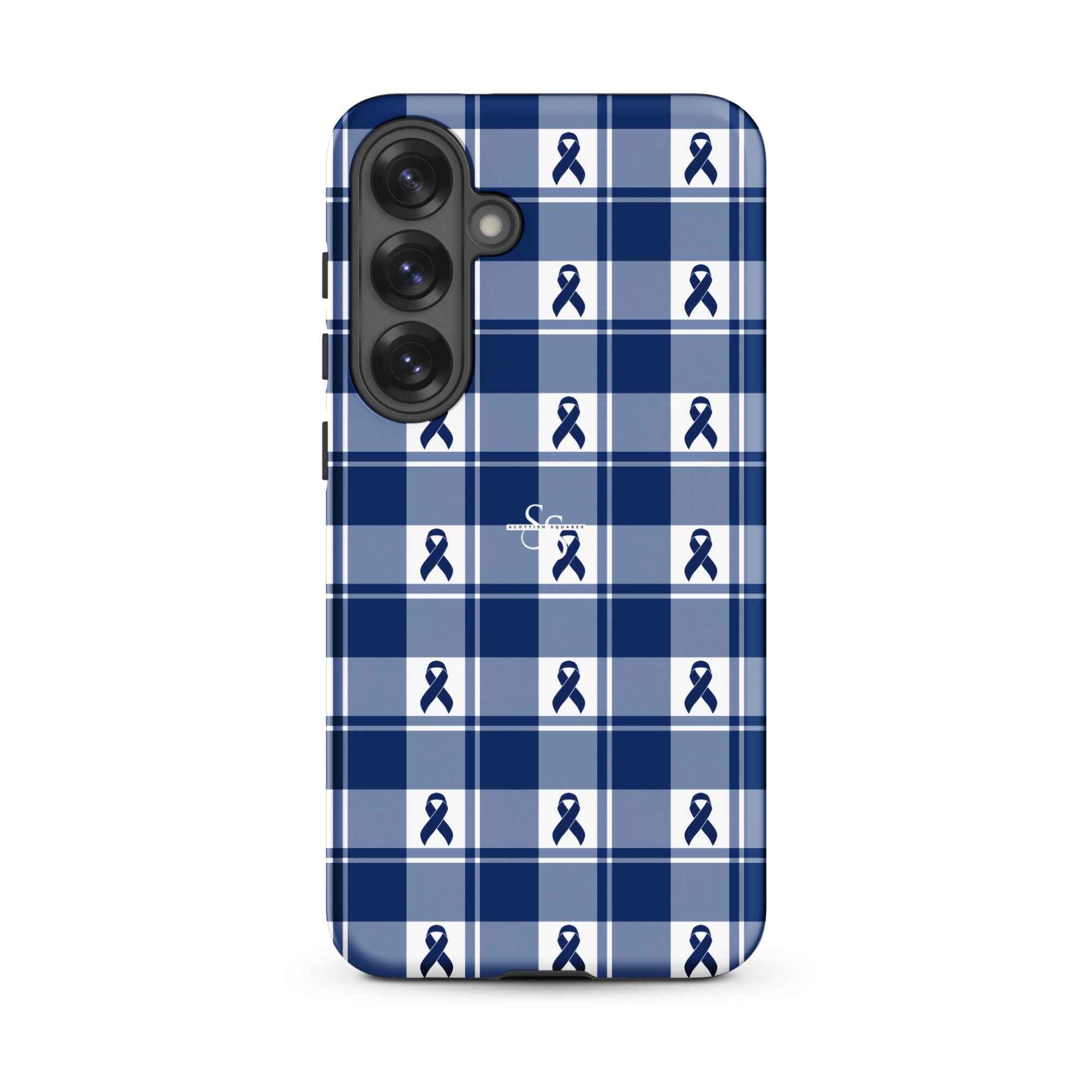 Tough Case for Samsung Colorectal Cancer Awareness Plaid, Dark Blue Ribbon, Supportive Gift Samsung Galaxy S25 Plus - Scottish Squares