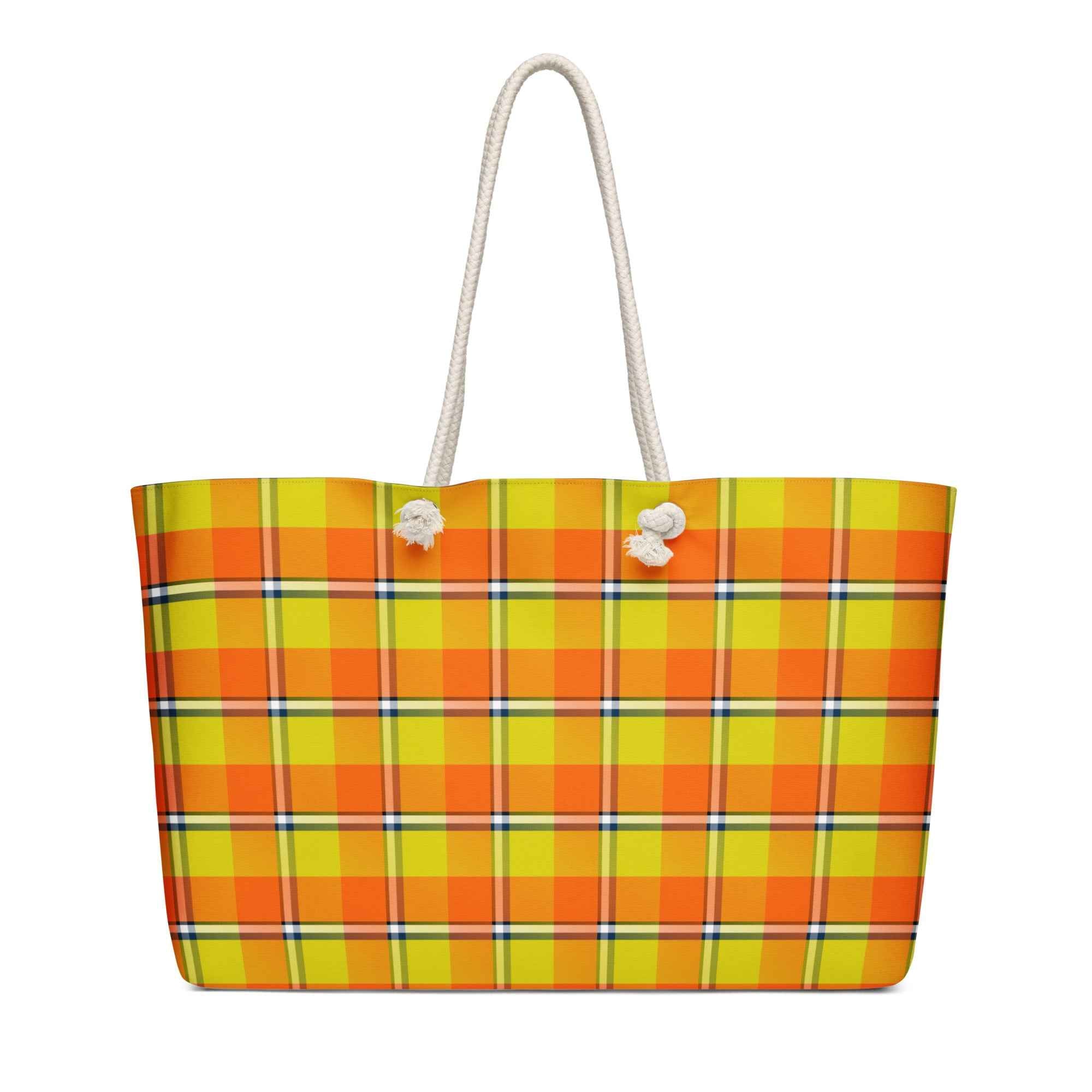 Personalized Blaze Orange and Bird Flower Plaid Oversized Weekender Bag - Scottish Squares