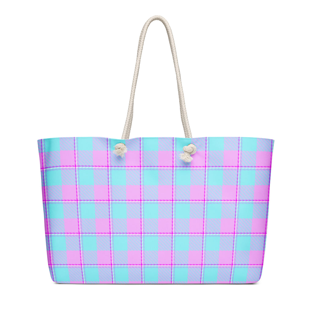 Personalized Mauve and Coastal Mist Plaid Oversized Weekender Bag - Scottish Squares