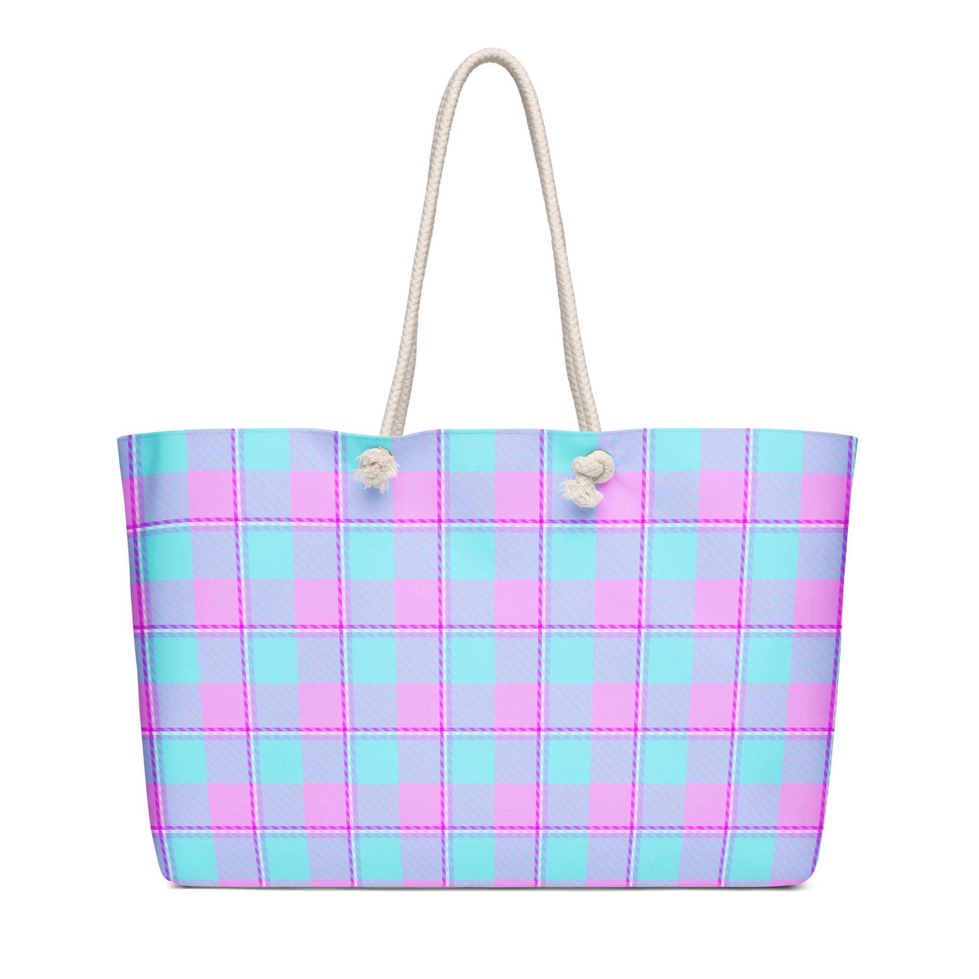 Personalized Mauve and Coastal Mist Plaid Oversized Weekender Bag - Scottish Squares