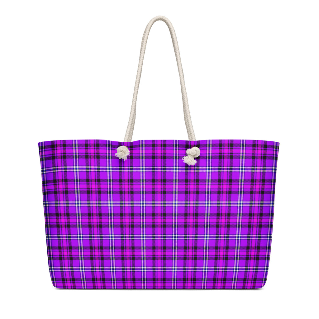 Personalized Electric Violet and Fuchsia Plaid Oversized Weekender Bag - Scottish Squares
