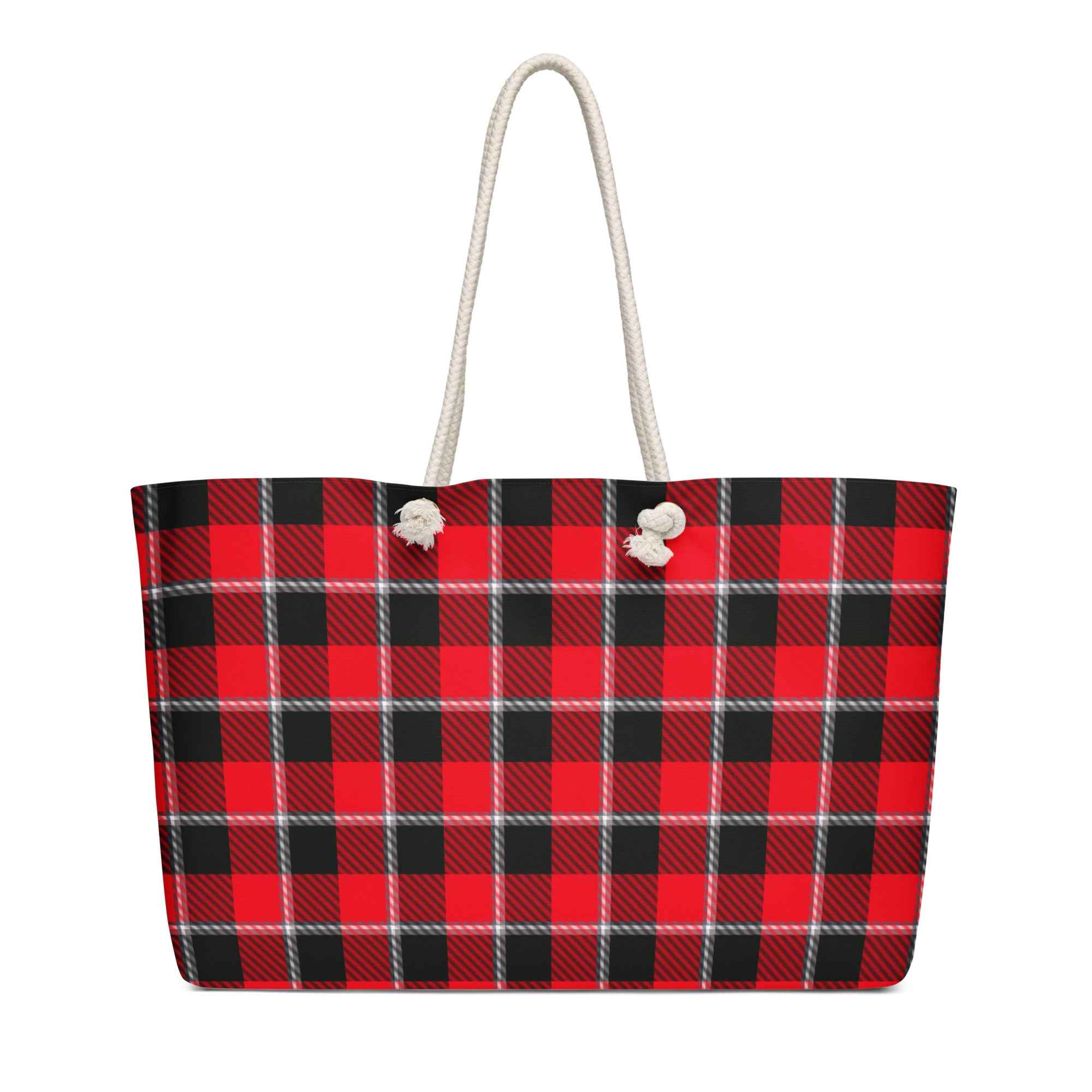 Personalized Red Ribbon and Heavy Metal Plaid Oversized Weekender Bag - Scottish Squares