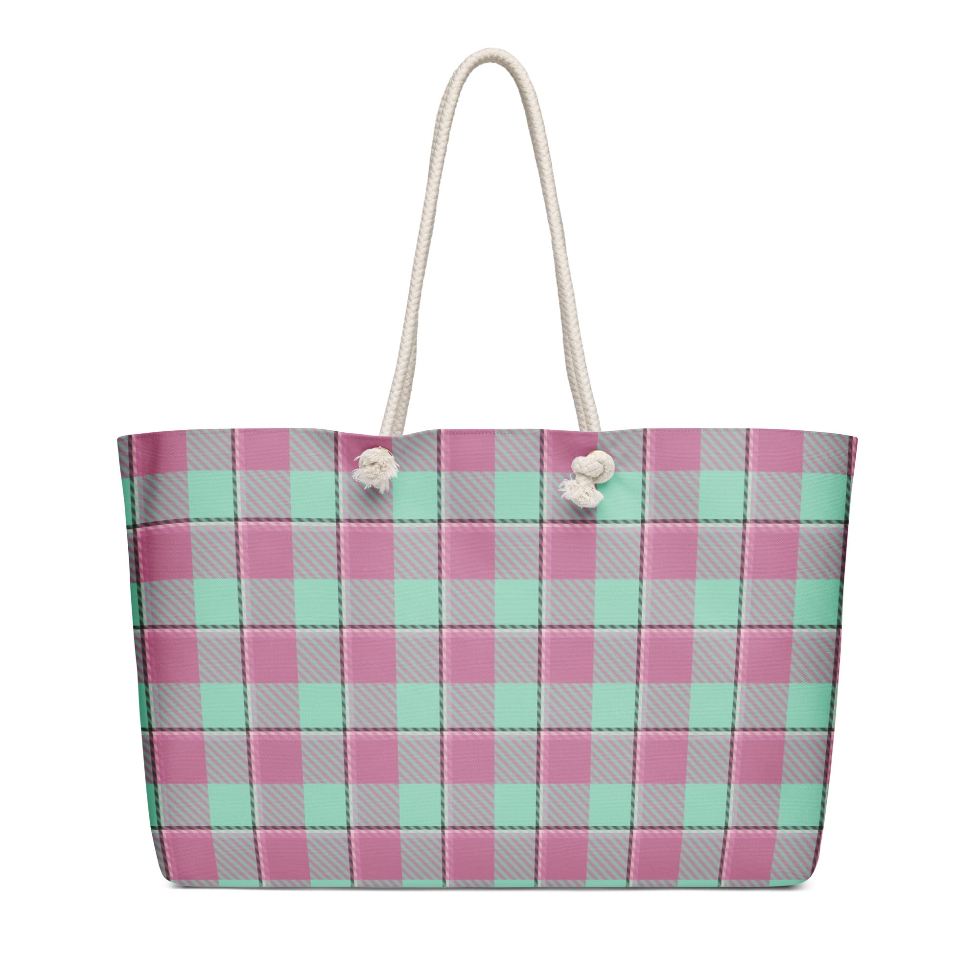 Personalized Vista Blue and Turkish Rose Plaid Oversized Weekender Bag - Scottish Squares