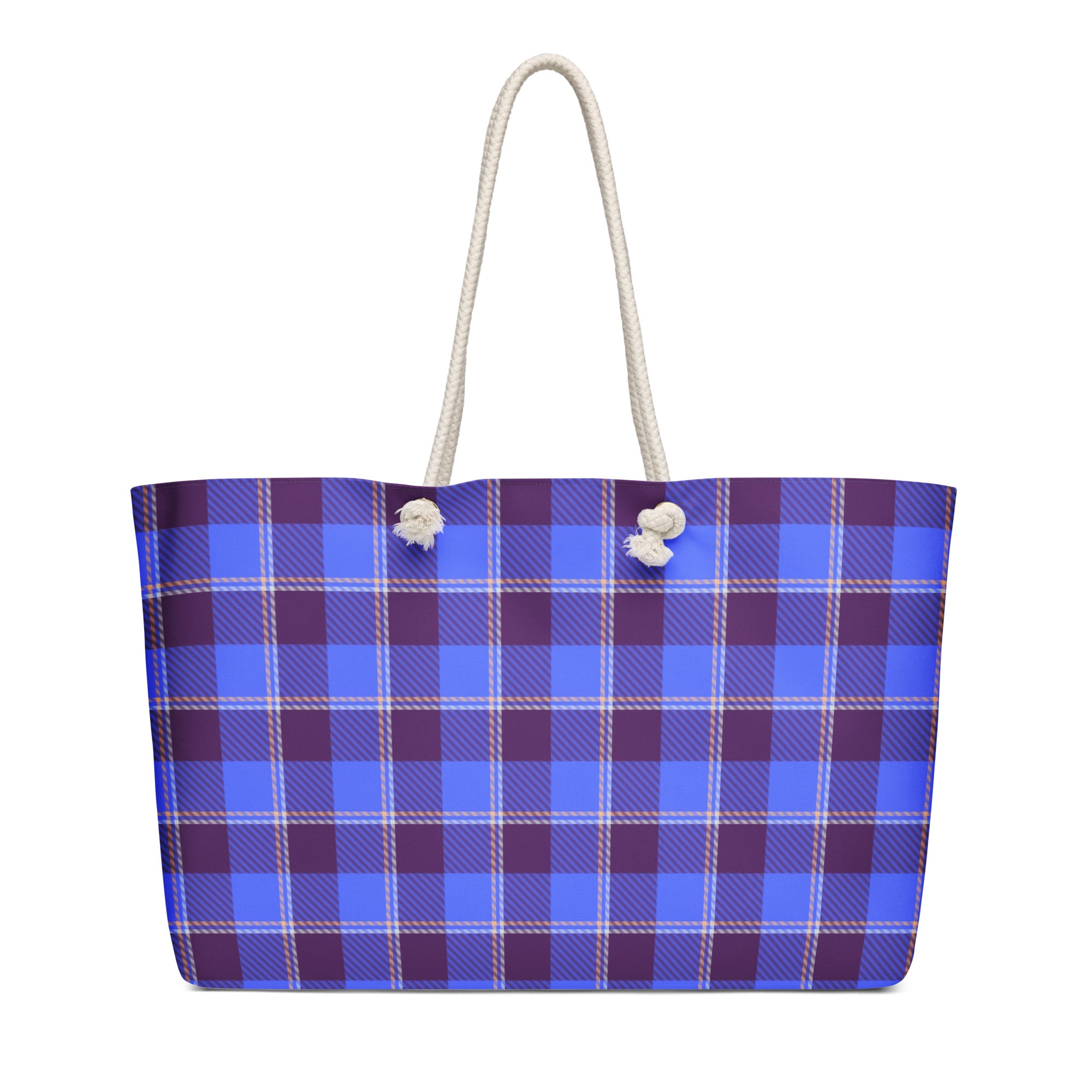 Personalized Cornflower Blue and Livid Brown Plaid Oversized Weekender Bag - Scottish Squares