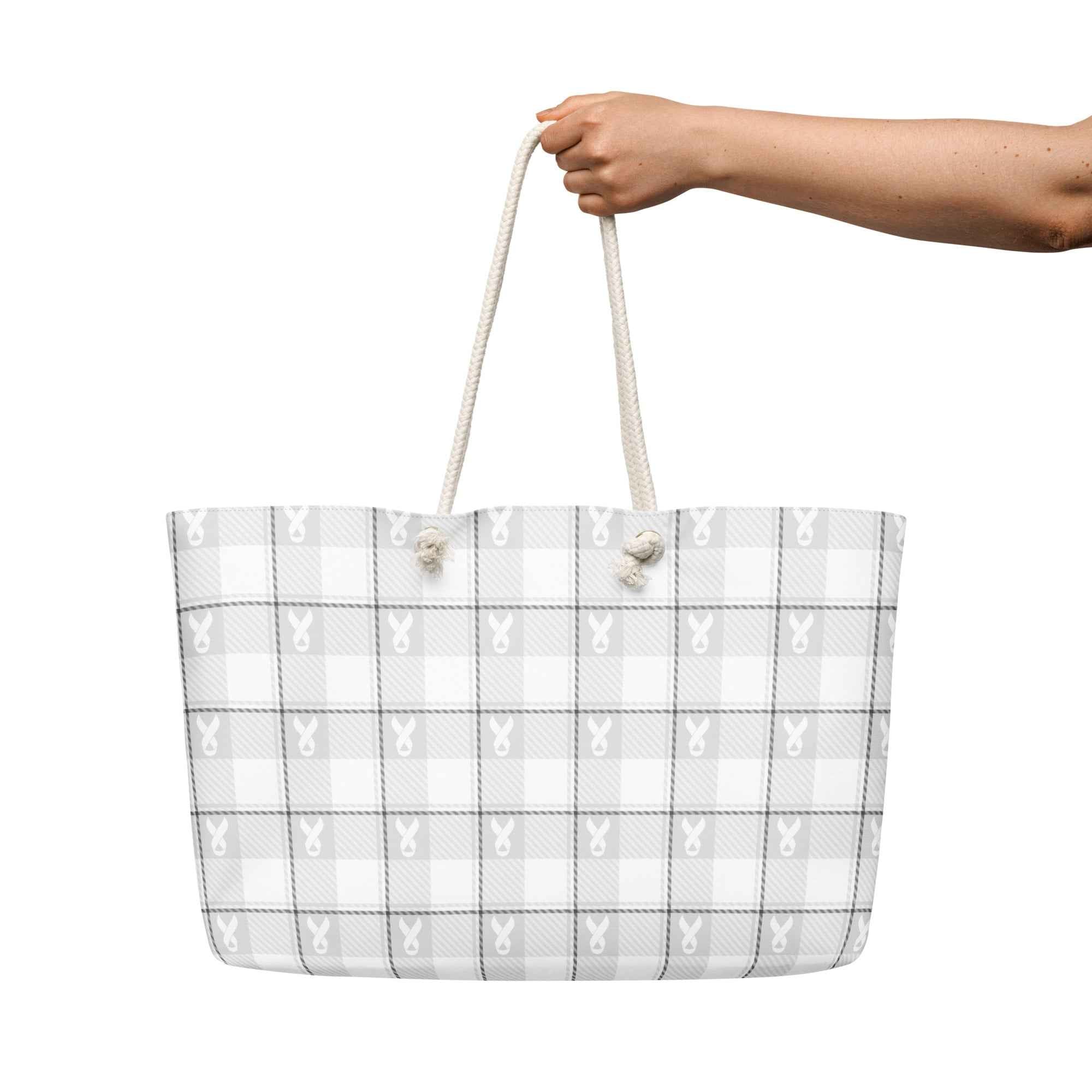 Oversized Weekender Bag Lung Cancer Awareness Plaid, White Ribbon, Supportive Gift - Scottish Squares