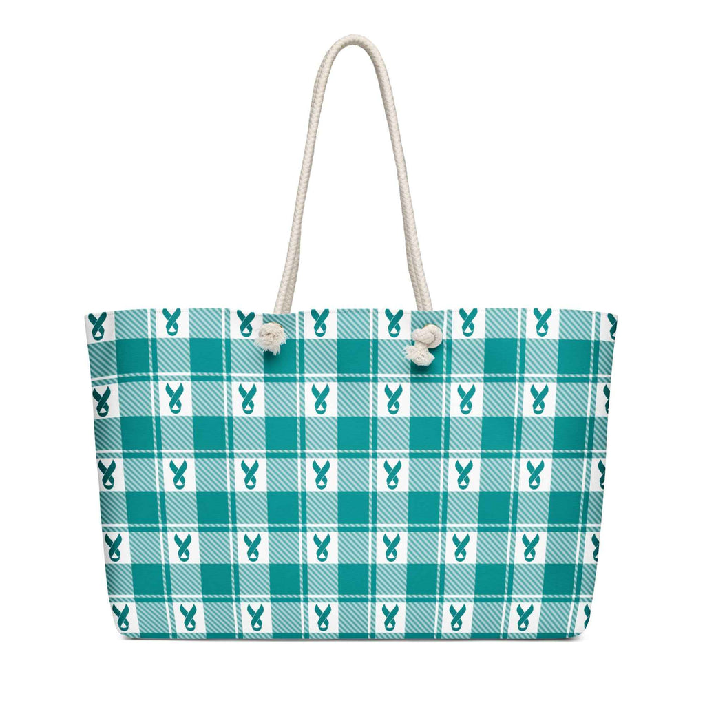 Oversized Weekender Bag Cervical Cancer Awareness Plaid, Teal Ribbon, Supportive Gift - Scottish Squares