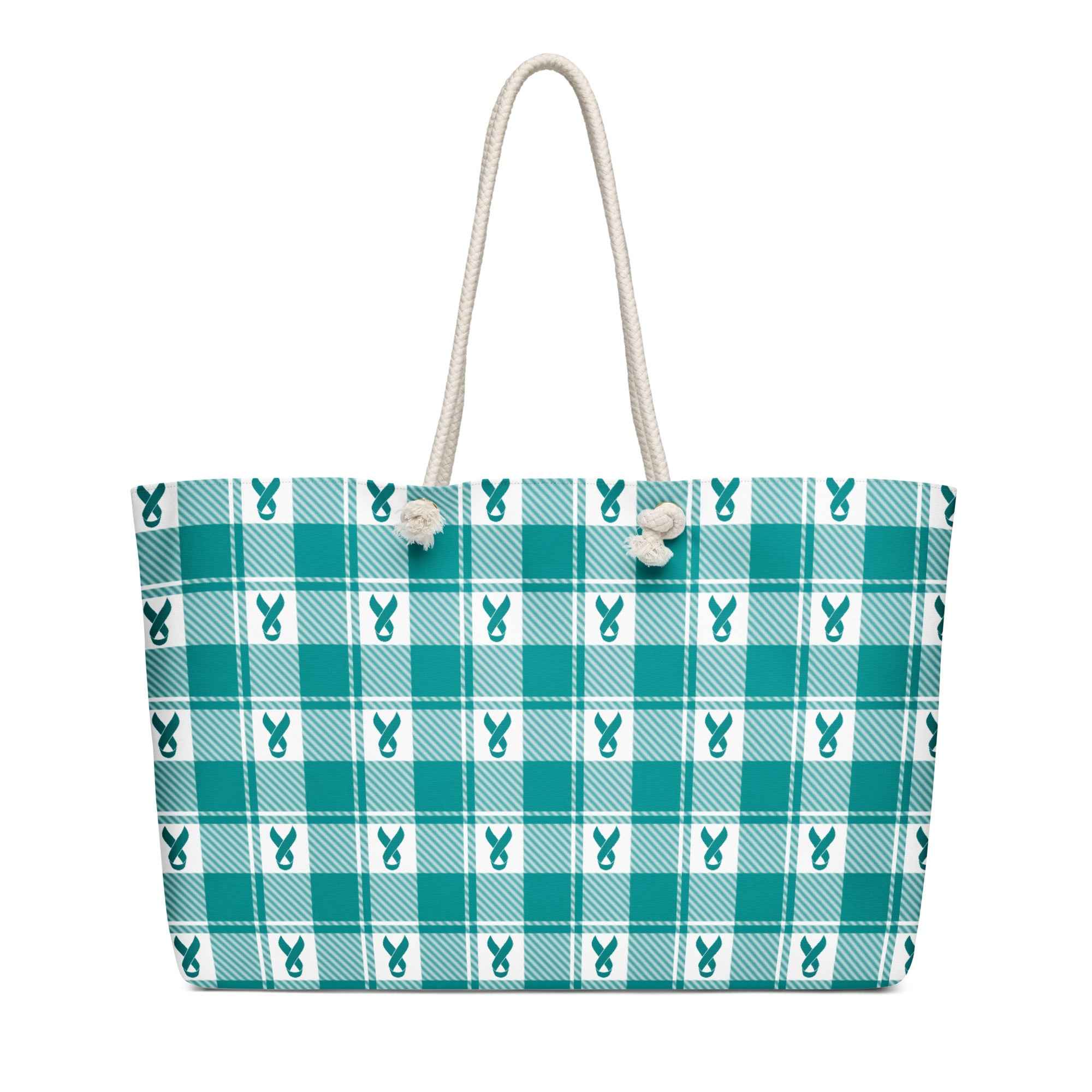 Oversized Weekender Bag Cervical Cancer Awareness Plaid, Teal Ribbon, Supportive Gift - Scottish Squares