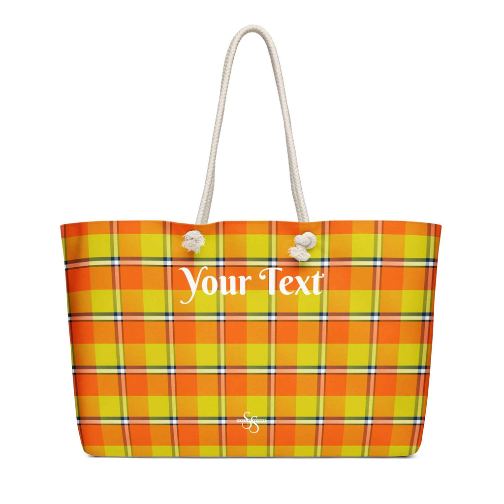 Personalized Blaze Orange and Bird Flower Plaid Oversized Weekender Bag - Scottish Squares