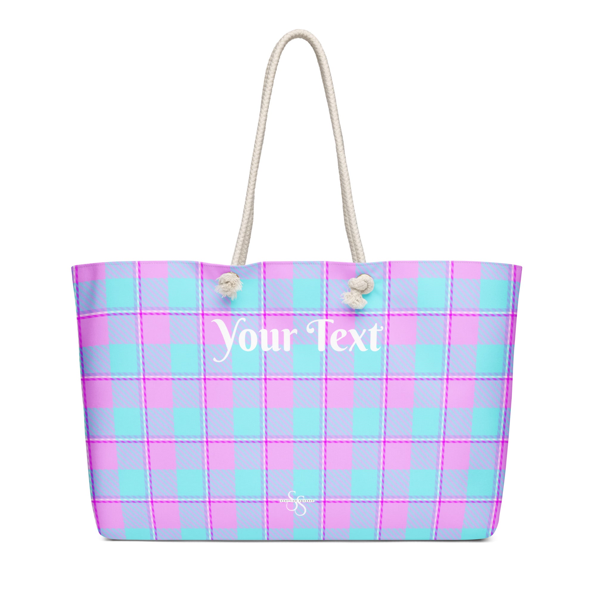 Personalized Mauve and Coastal Mist Plaid Oversized Weekender Bag - Scottish Squares