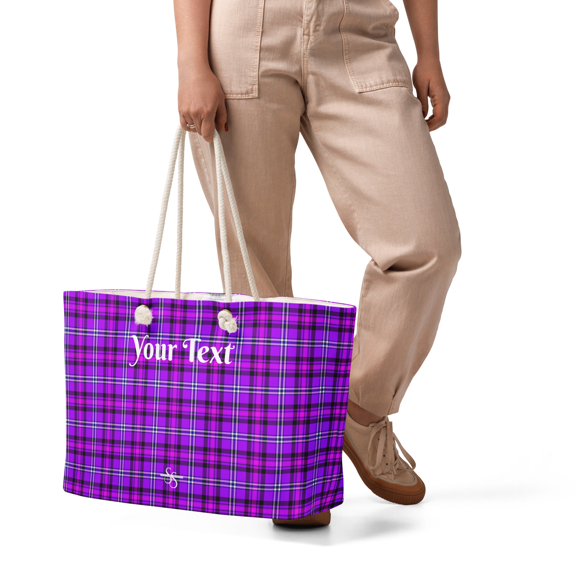 Personalized Electric Violet and Fuchsia Plaid Oversized Weekender Bag - Scottish Squares