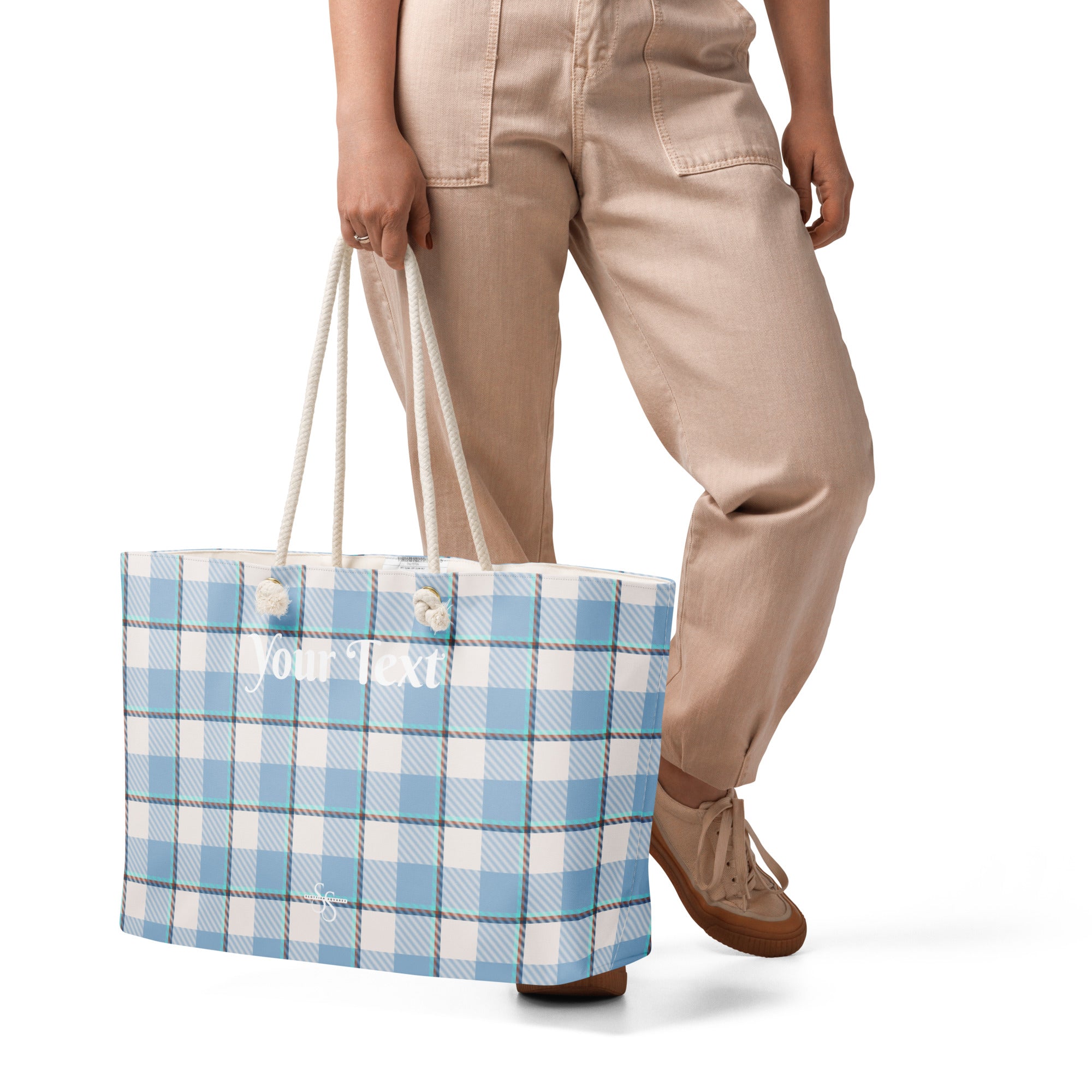 Personalized Pink Cloud and Blue Lagoon Plaid Oversized Weekender Bag - Scottish Squares