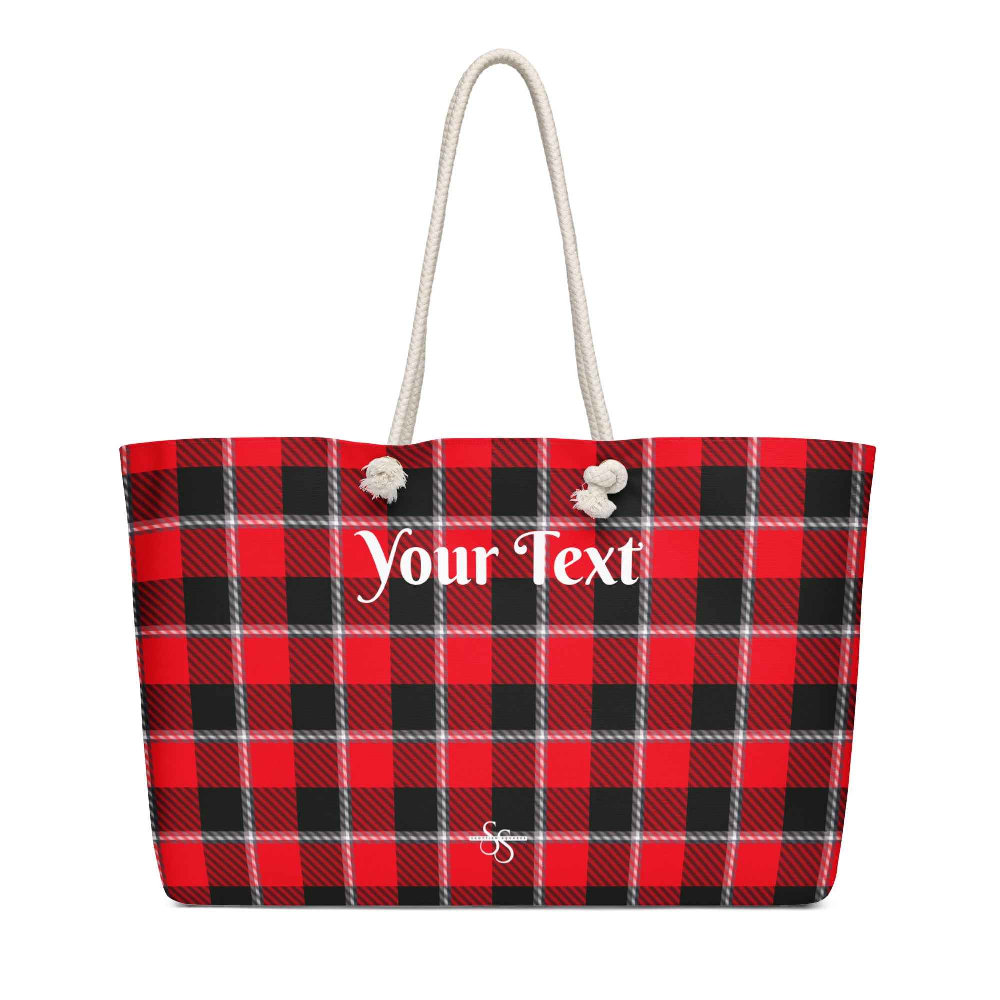 Personalized Red Ribbon and Heavy Metal Plaid Oversized Weekender Bag - Scottish Squares