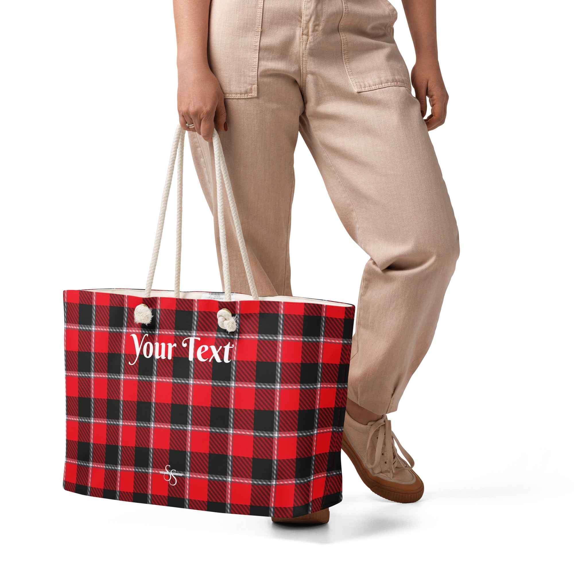Personalized Red Ribbon and Heavy Metal Plaid Oversized Weekender Bag - Scottish Squares