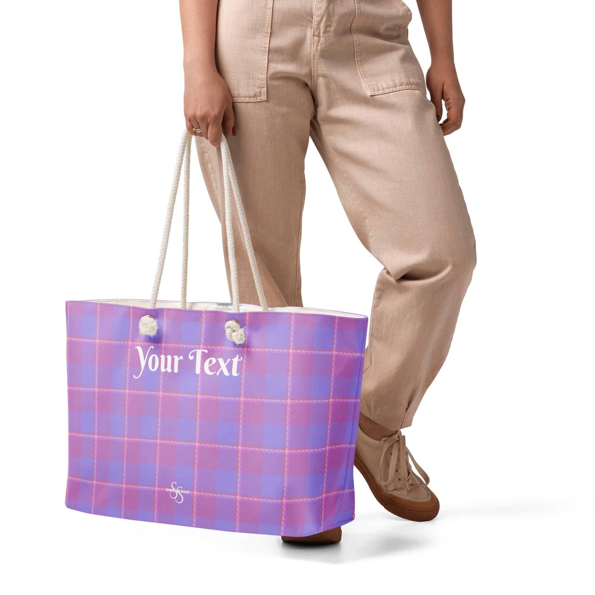 Personalized Viola and Dull Lavender Plaid Oversized Weekender Bag - Scottish Squares