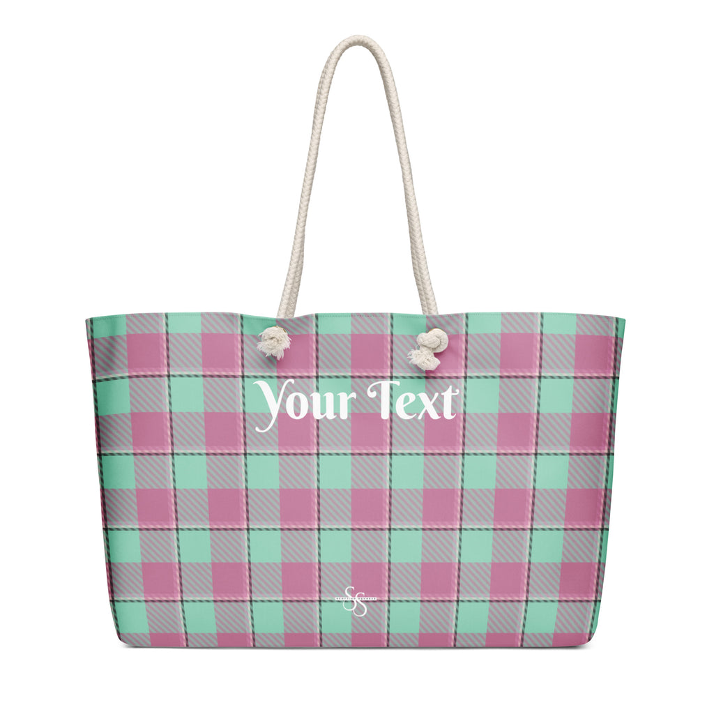 Personalized Vista Blue and Turkish Rose Plaid Oversized Weekender Bag - Scottish Squares