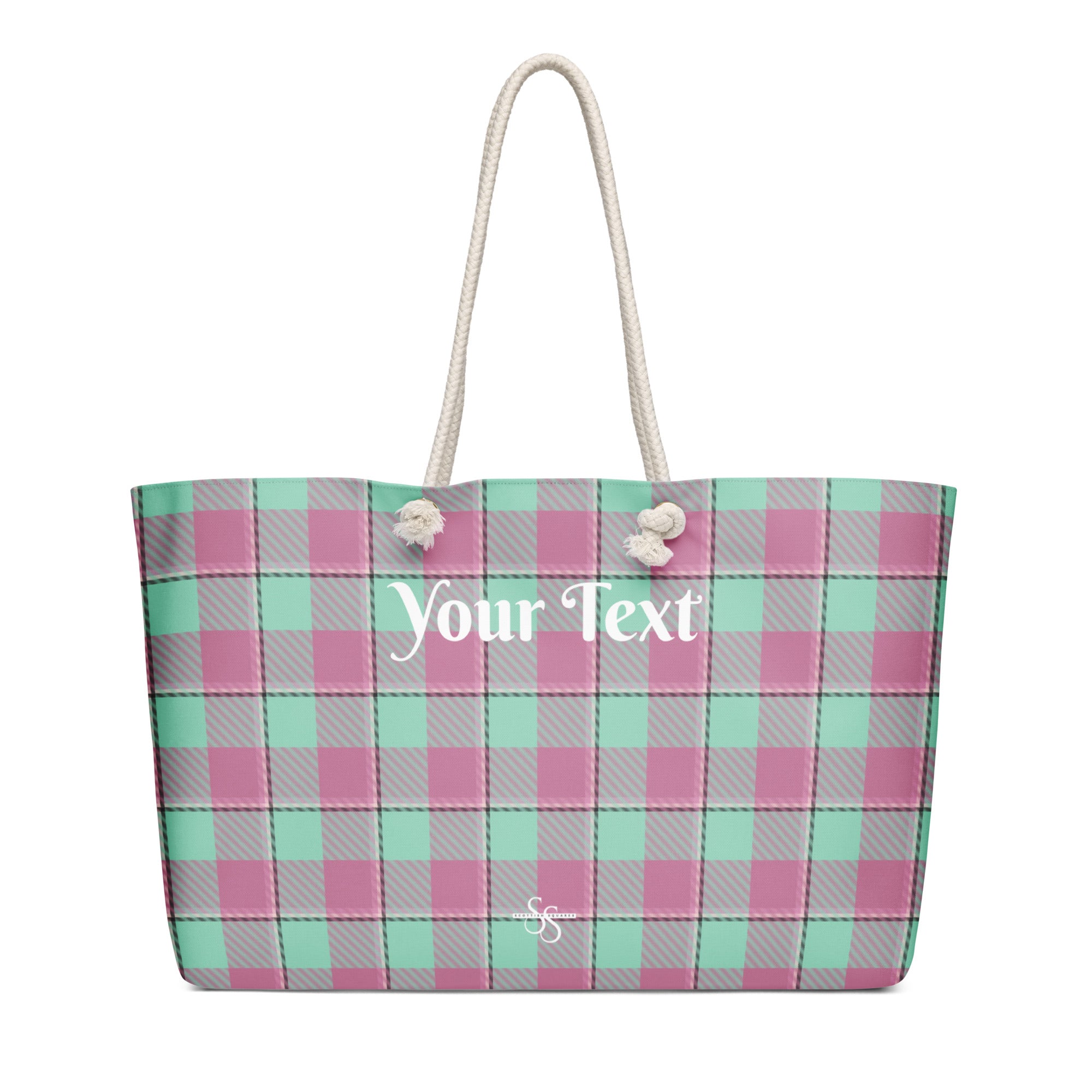 Personalized Vista Blue and Turkish Rose Plaid Oversized Weekender Bag - Scottish Squares