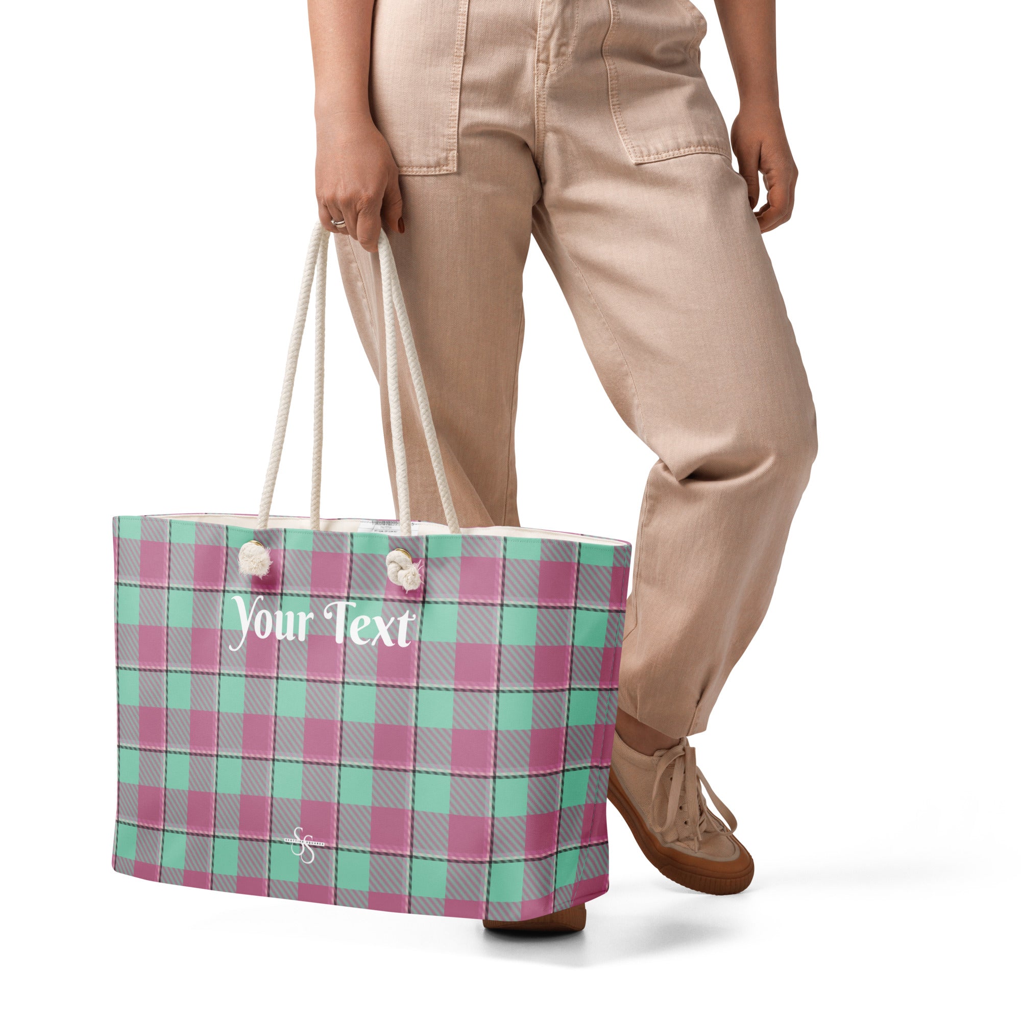 Personalized Vista Blue and Turkish Rose Plaid Oversized Weekender Bag - Scottish Squares