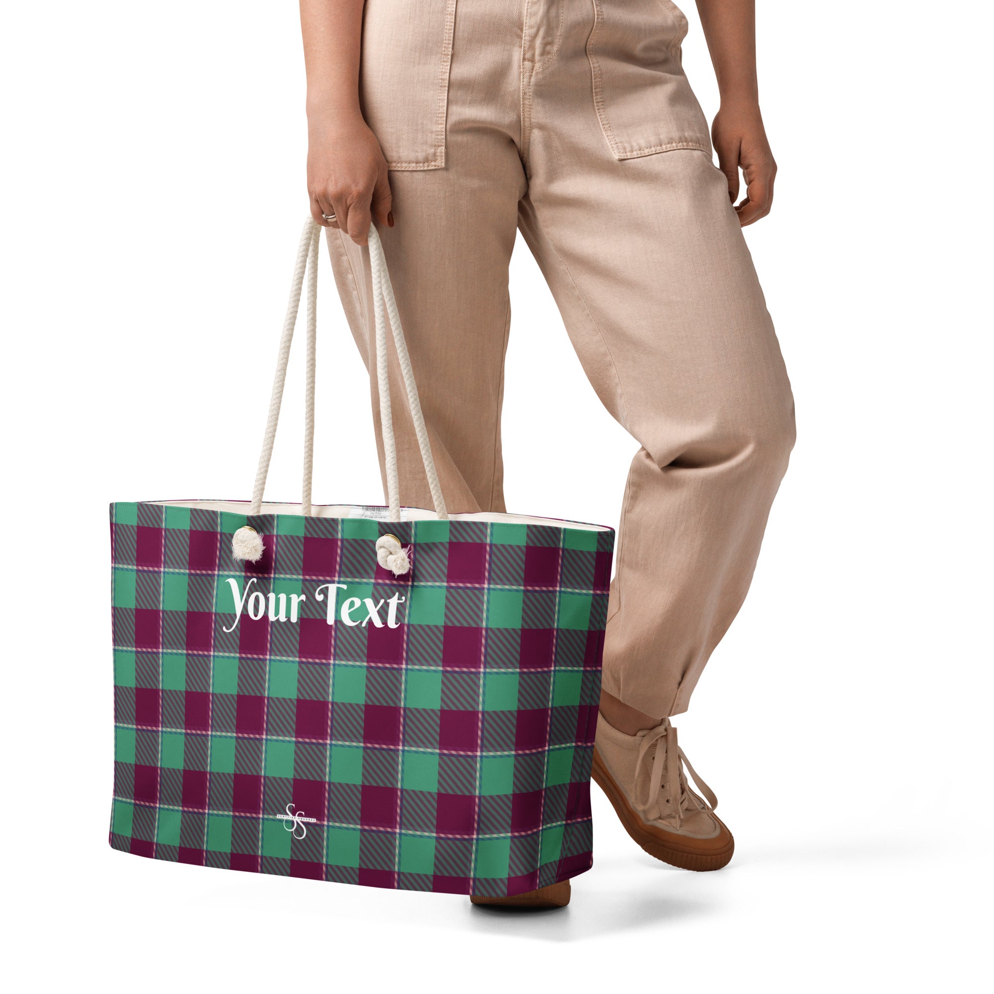 Personalized Ocean Green and Mulberry Wood Plaid Oversized Weekender Bag - Scottish Squares