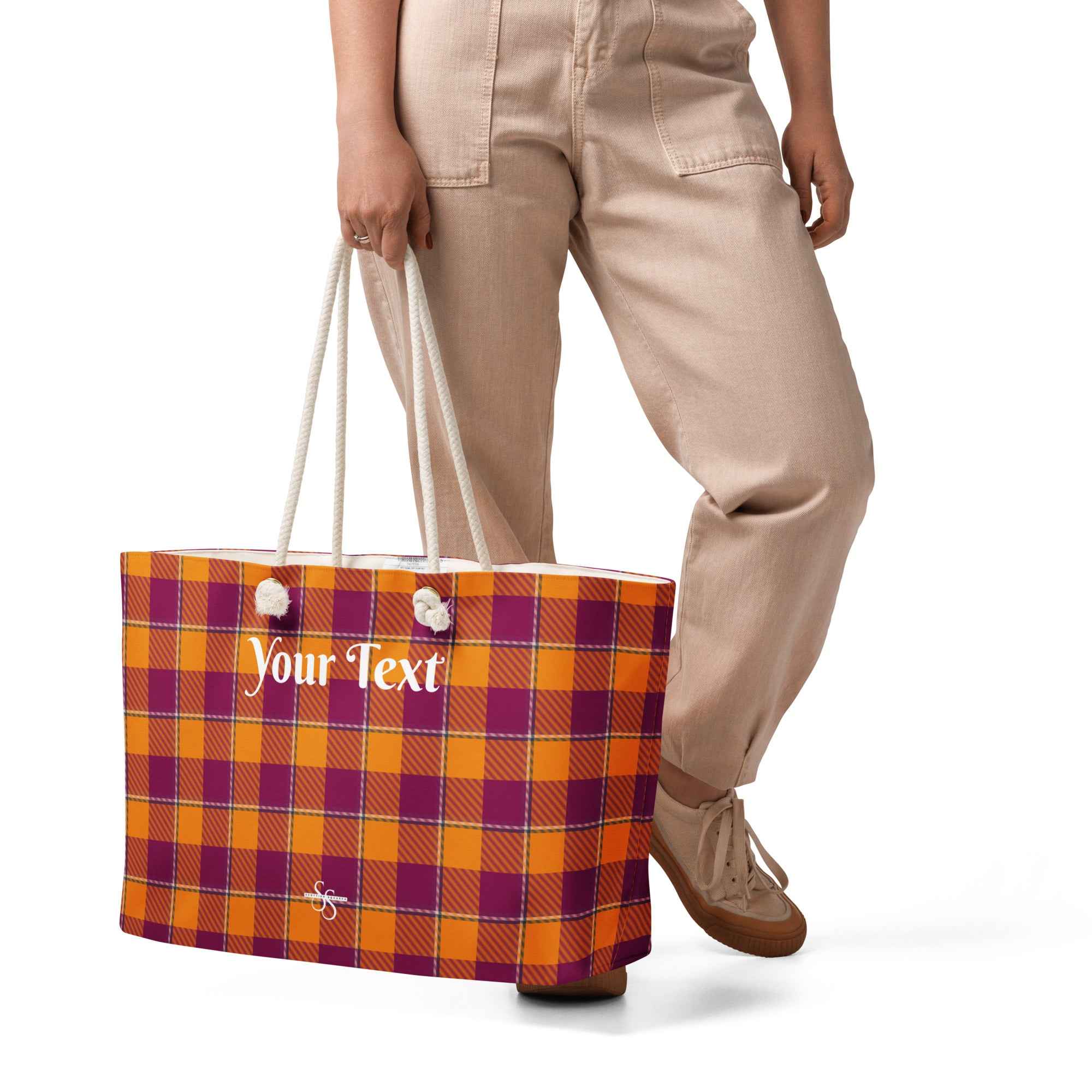 Personalized Tahiti Gold and Rose Bud Cherry Plaid Oversized Weekender Bag - Scottish Squares