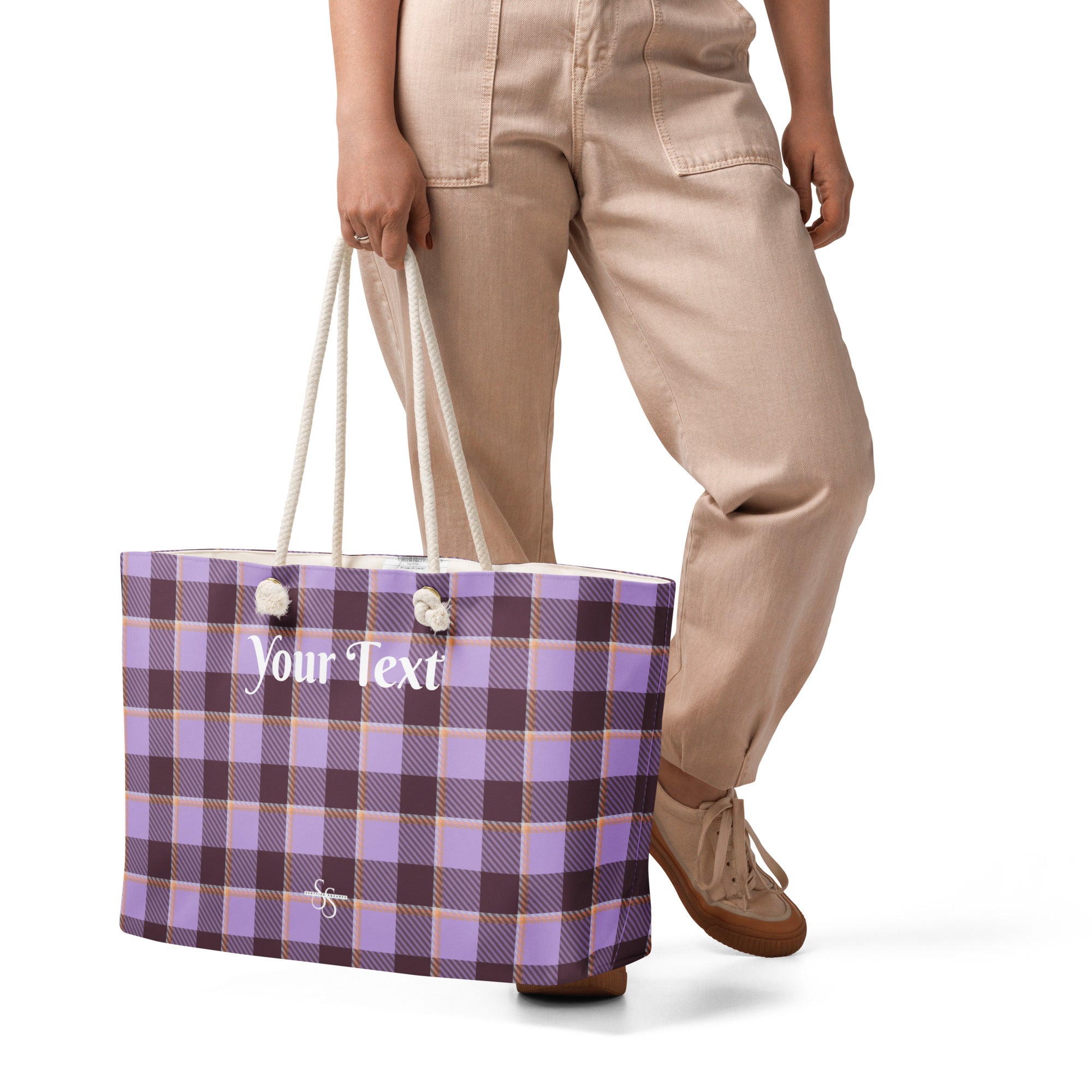 Personalized Light Wisteria and Livid Brown Plaid Oversized Weekender Bag - Scottish Squares