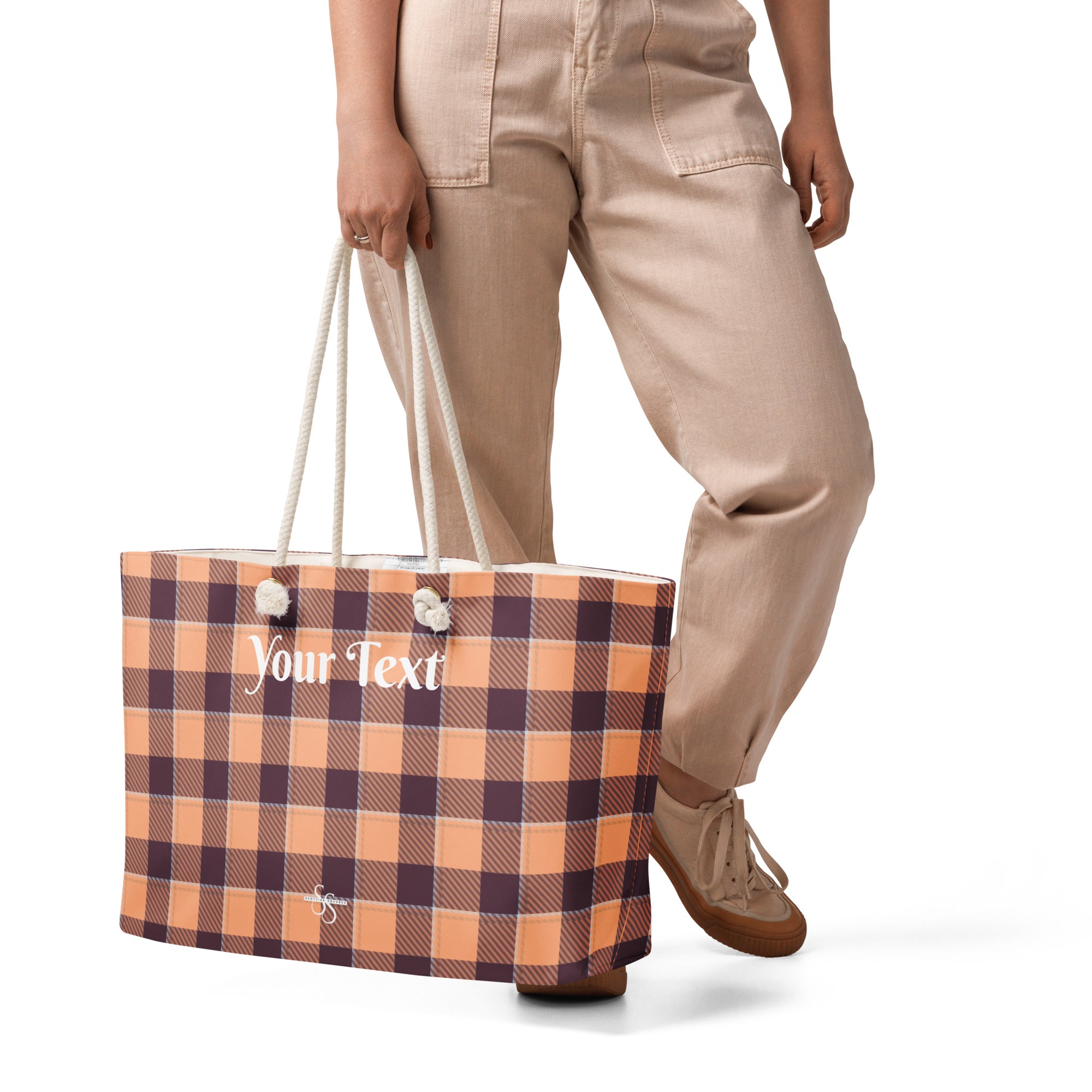 Personalized Hit Pink and Livid Brown Plaid Oversized Weekender Bag - Scottish Squares
