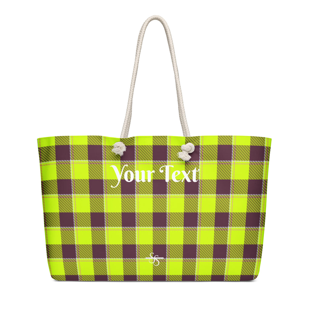 Personalized Electric Lime and Livid Brown Plaid Oversized Weekender Bag - Scottish Squares