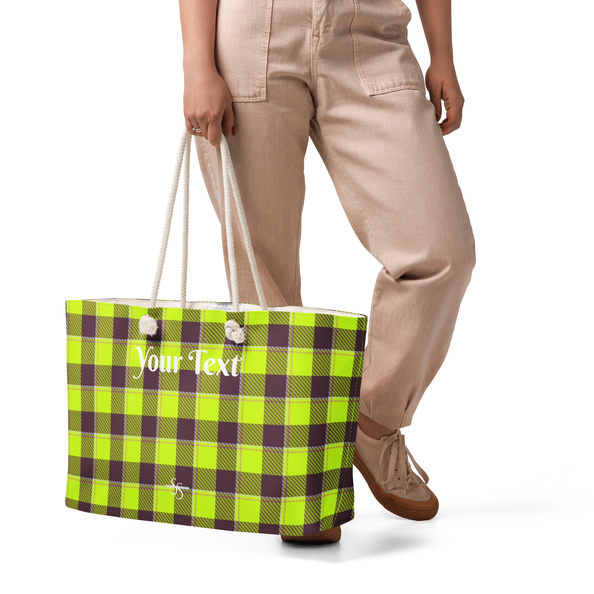 Personalized Electric Lime and Livid Brown Plaid Oversized Weekender Bag - Scottish Squares