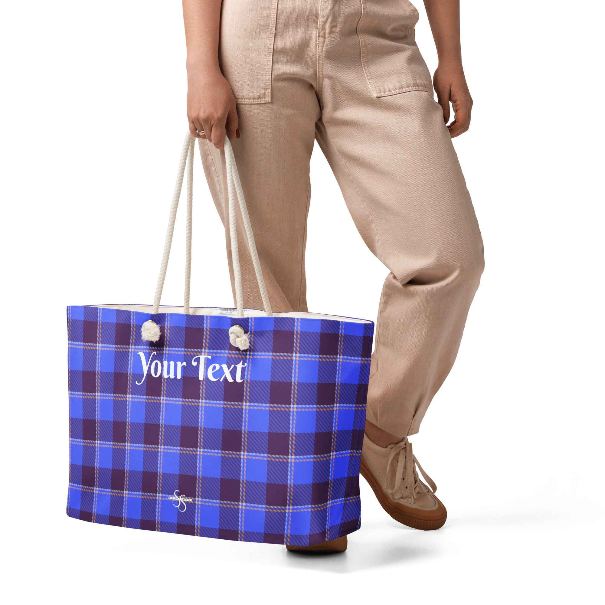 Personalized Cornflower Blue and Livid Brown Plaid Oversized Weekender Bag - Scottish Squares