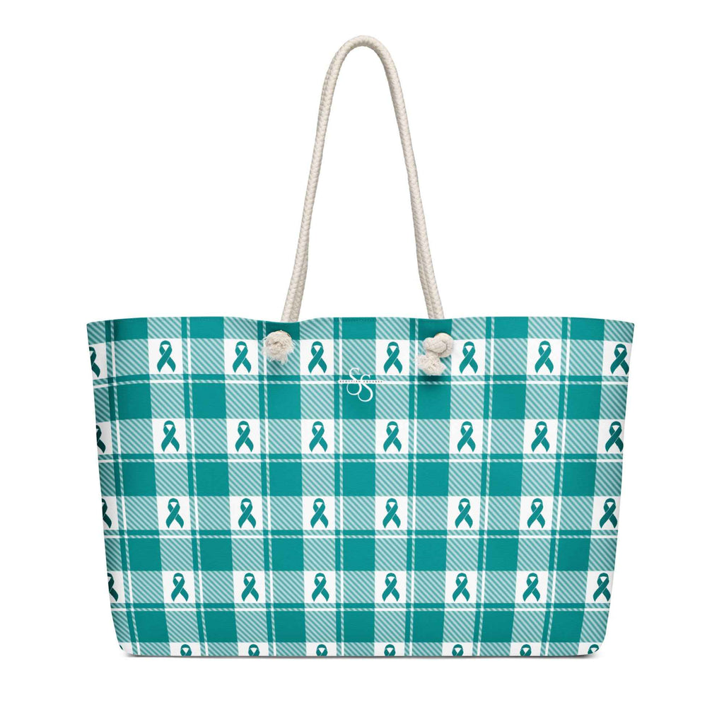 Oversized Weekender Bag Cervical Cancer Awareness Plaid, Teal Ribbon, Supportive Gift - Scottish Squares