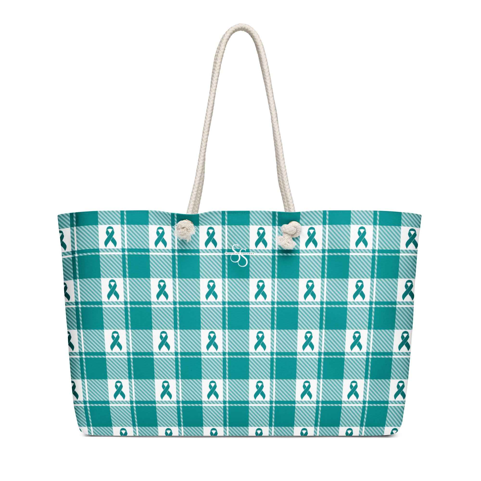 Oversized Weekender Bag Cervical Cancer Awareness Plaid, Teal Ribbon, Supportive Gift - Scottish Squares