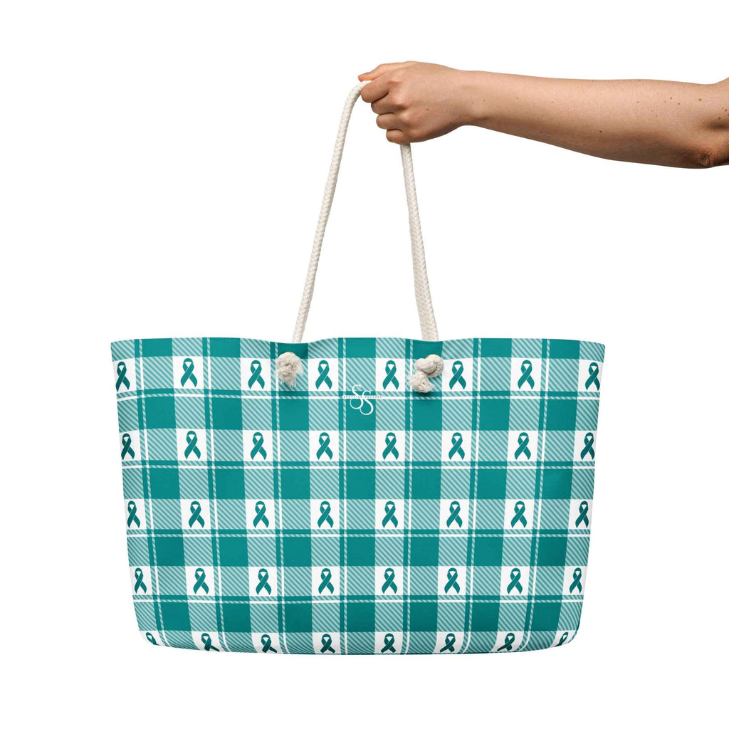 Oversized Weekender Bag Cervical Cancer Awareness Plaid, Teal Ribbon, Supportive Gift - Scottish Squares