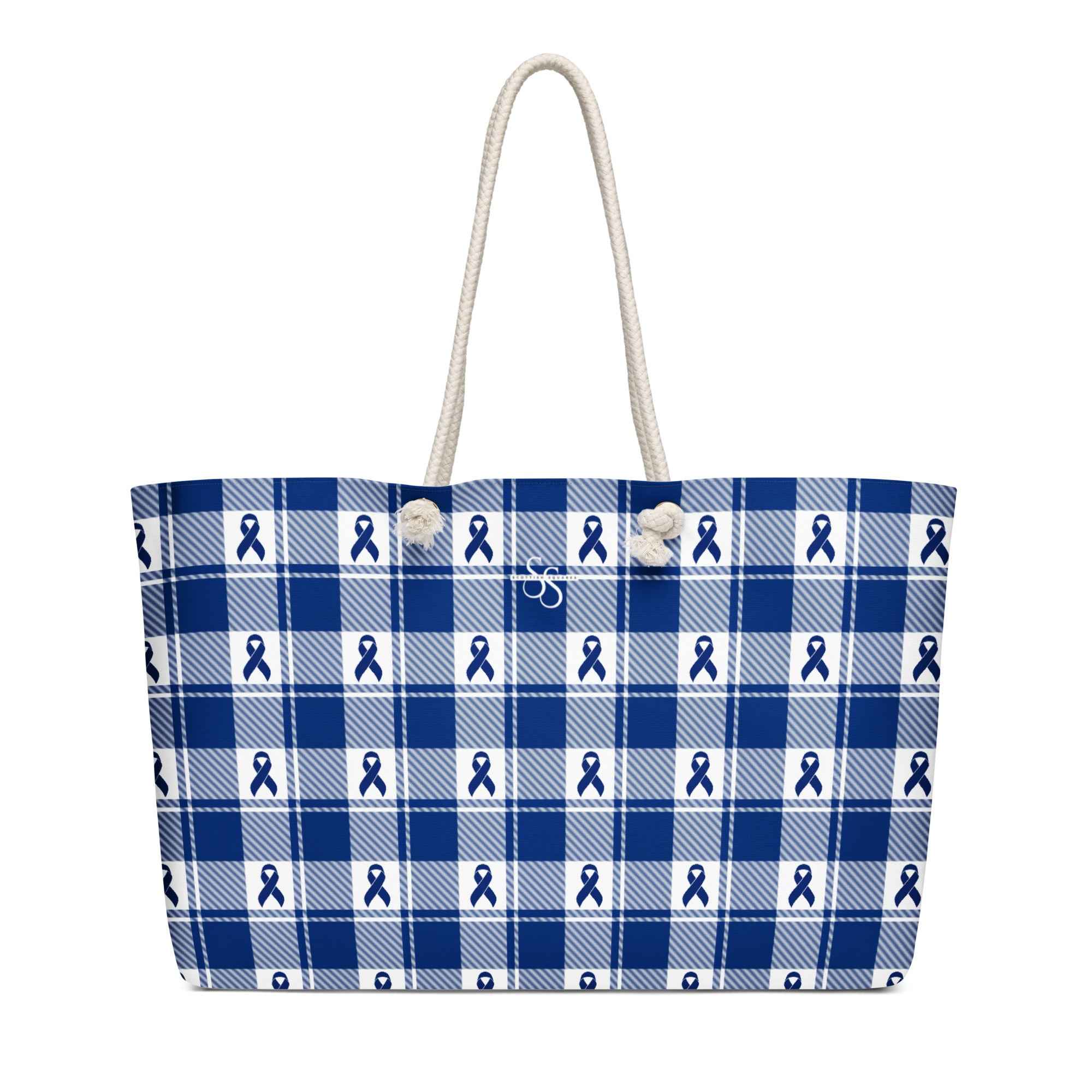 Oversized Weekender Bag Colorectal Cancer Awareness Plaid, Dark Blue Ribbon, Supportive Gift - Scottish Squares