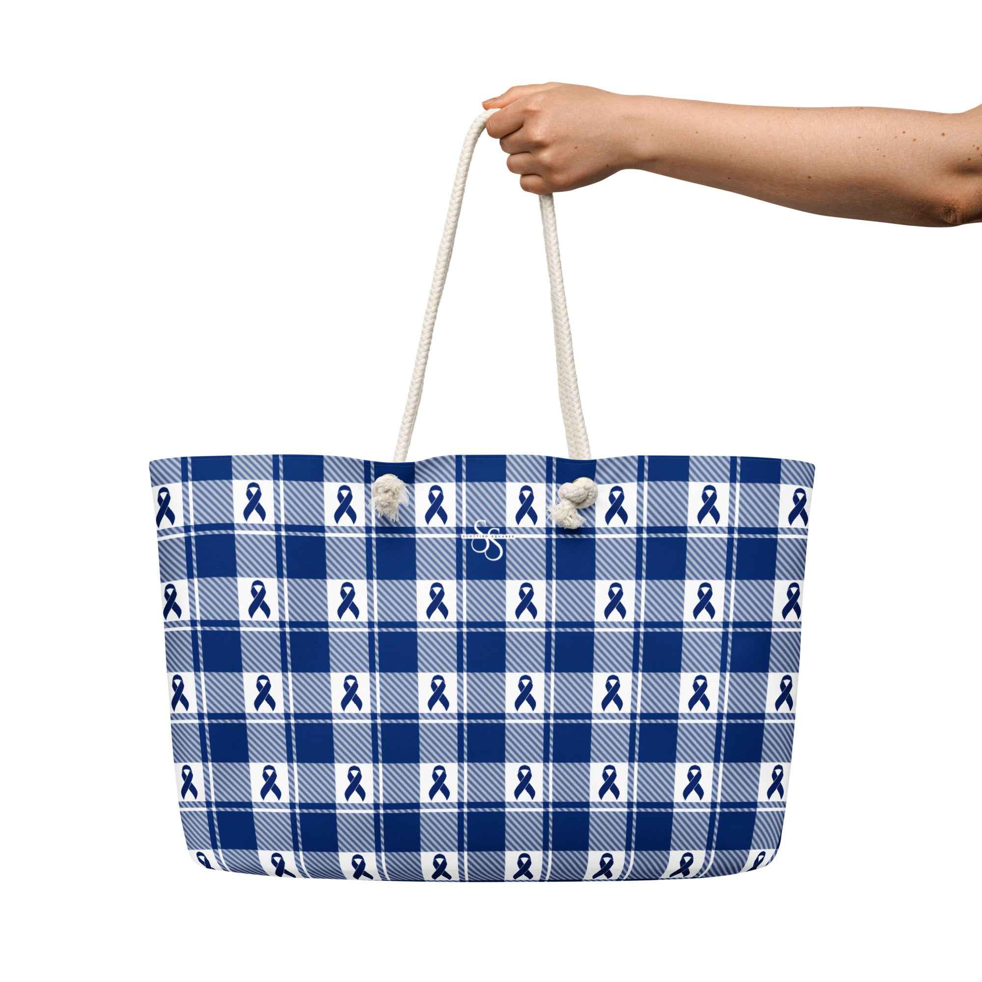Oversized Weekender Bag Colorectal Cancer Awareness Plaid, Dark Blue Ribbon, Supportive Gift - Scottish Squares